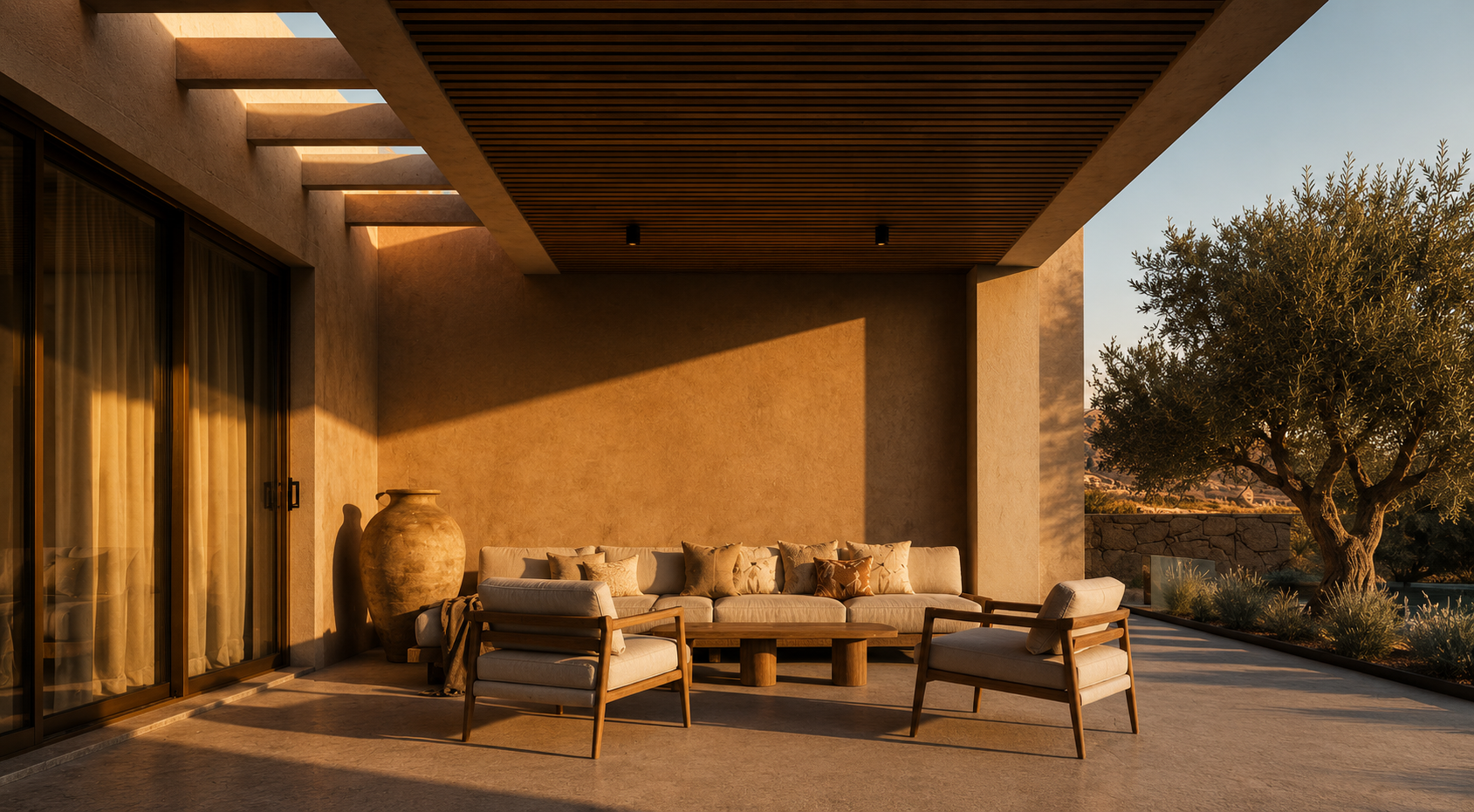 A sheltered outdoor living area combines timber ceiling cladding, natural textures, and minimalist furnishings, creating a comfortable transition between architecture and the surrounding landscape.