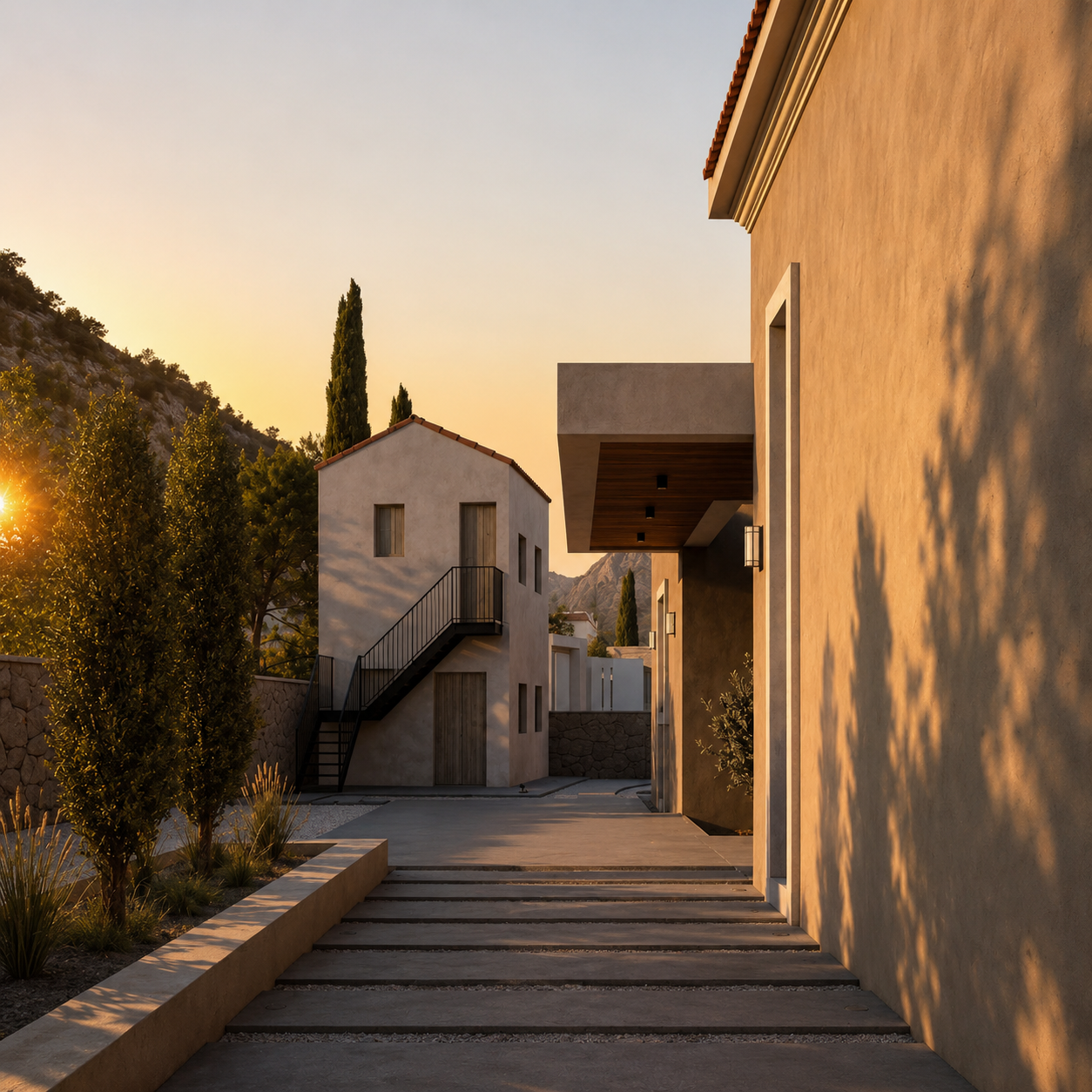 The exterior passage connects the residence's architectural volumes through a composition of natural materials, warm lighting, and carefully framed views of the Karpathian landscape.