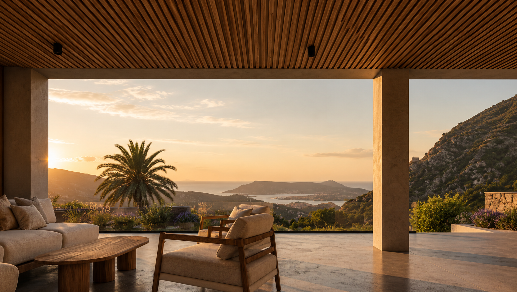 A covered terrace frames panoramic views of the Aegean Sea, combining natural materials, architectural shading, and open-air living within the landscape of Karpathos.