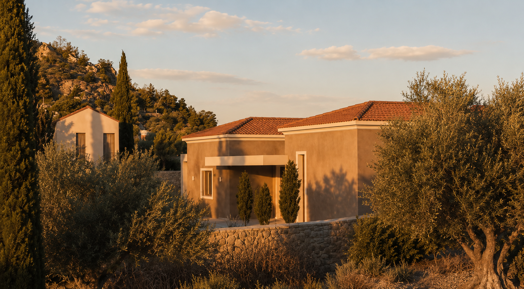 Earth-toned facades, natural stone boundaries, and Mediterranean vegetation establish a harmonious relationship between the contemporary residence and its natural surroundings in Aperi, Karpathos.