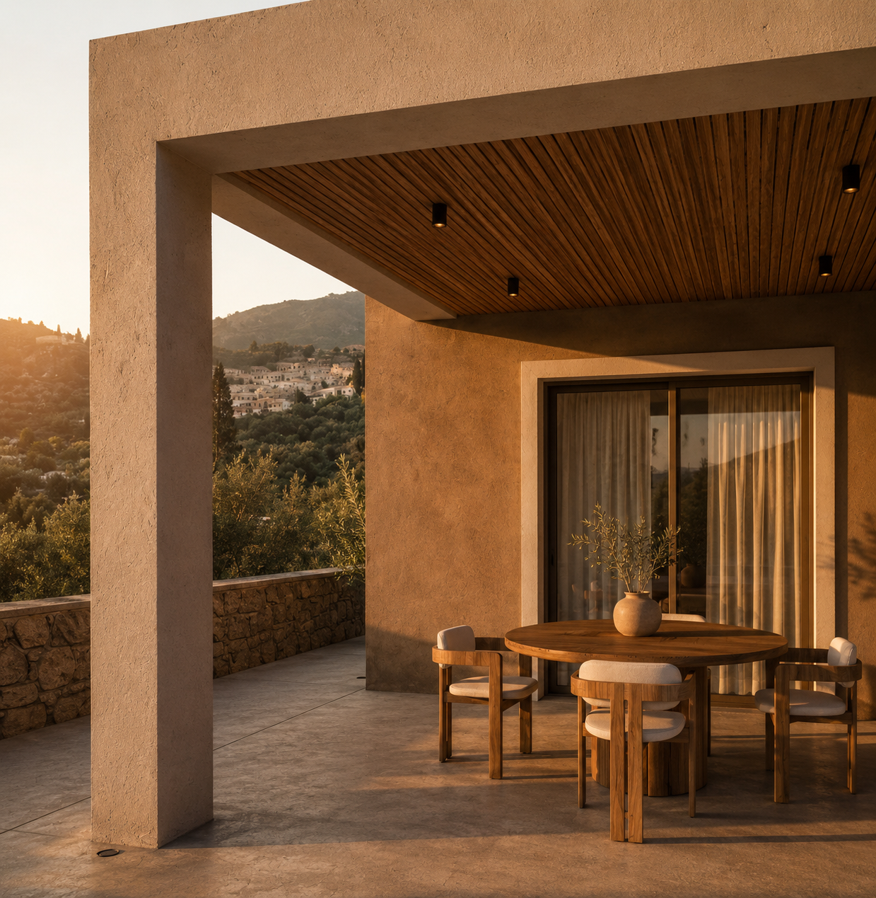 A shaded outdoor dining area features timber ceiling finishes, natural stone, and carefully positioned openings, encouraging a seamless connection between indoor and outdoor living.