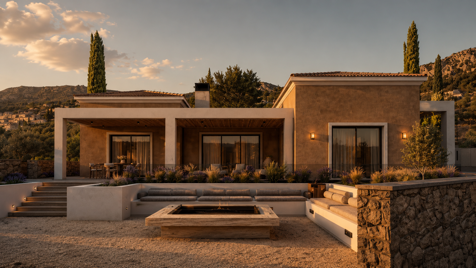 Horizontal architectural elements, textured facades, and natural stone landscaping define the residence's contemporary identity, balancing geometric clarity with the rugged terrain of Karpathos.