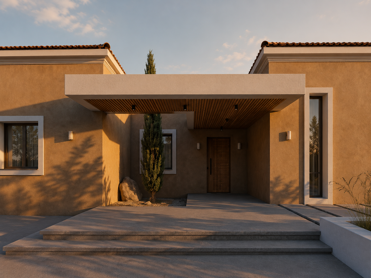 The main entrance is framed by clean geometric volumes, warm earth-toned surfaces, and a sheltered canopy, establishing a welcoming architectural transition into the residence.