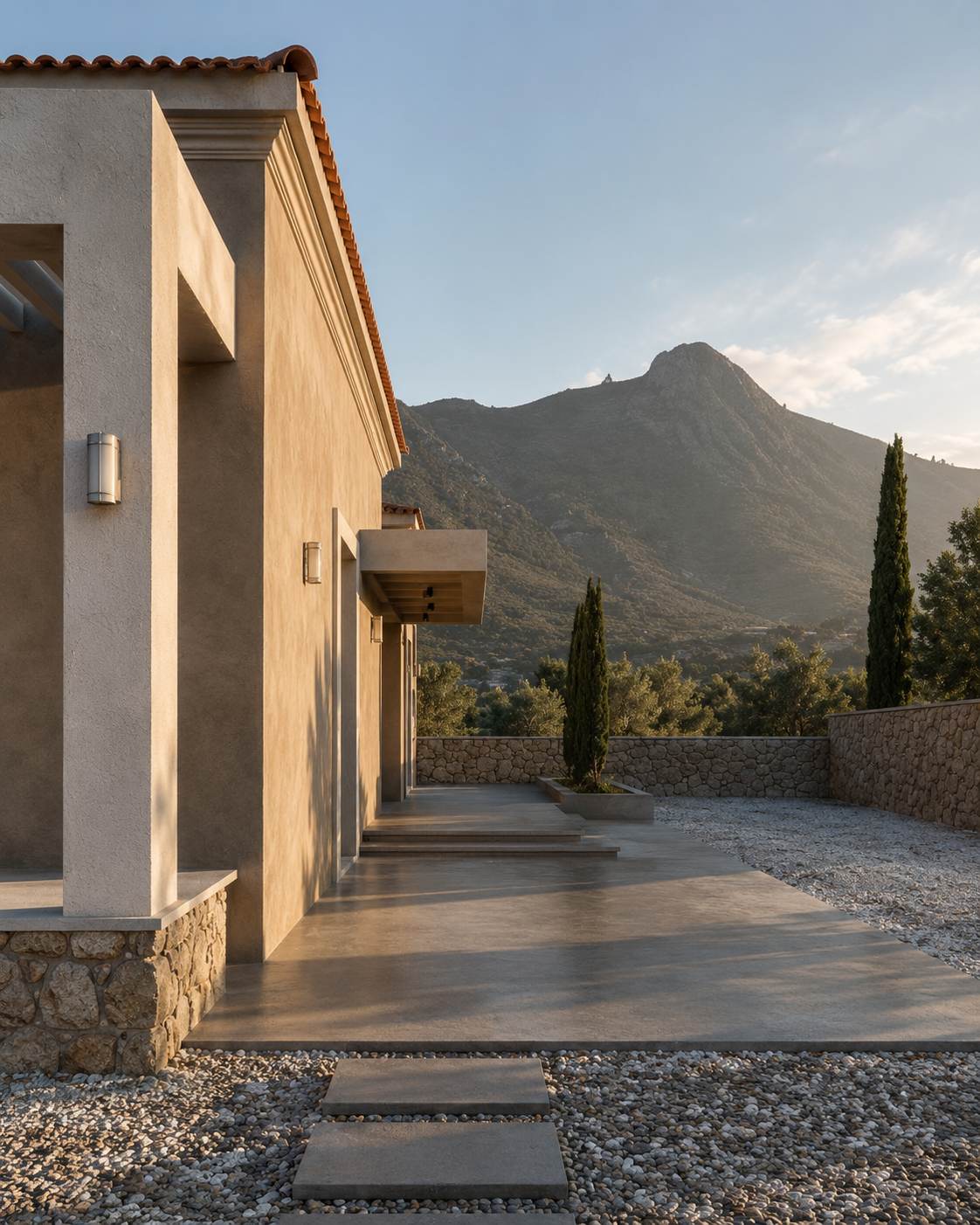 The residence's exterior circulation spaces frame views toward the surrounding mountains, emphasizing the relationship between contemporary architecture and the natural landscape of Karpathos.
