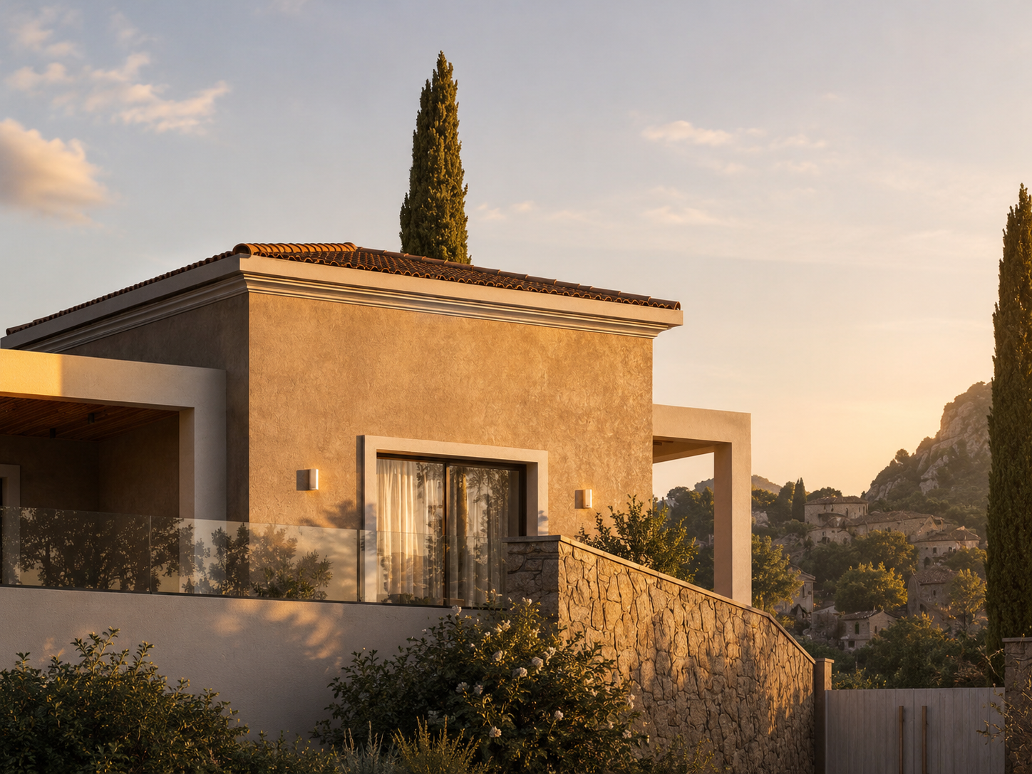 A composition of rectilinear volumes, textured surfaces, and carefully integrated stone elements reflects a contemporary interpretation of Mediterranean residential architecture.