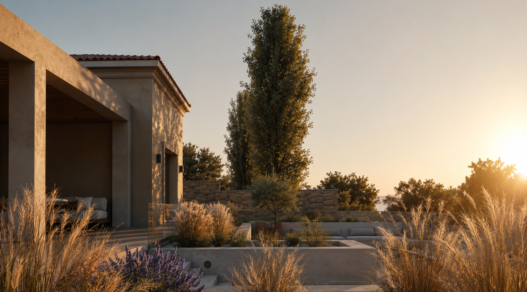 Natural stone walls, native-inspired planting, and restrained architectural detailing connect the residence with its Mediterranean setting, creating a dialogue between built form and landscape.