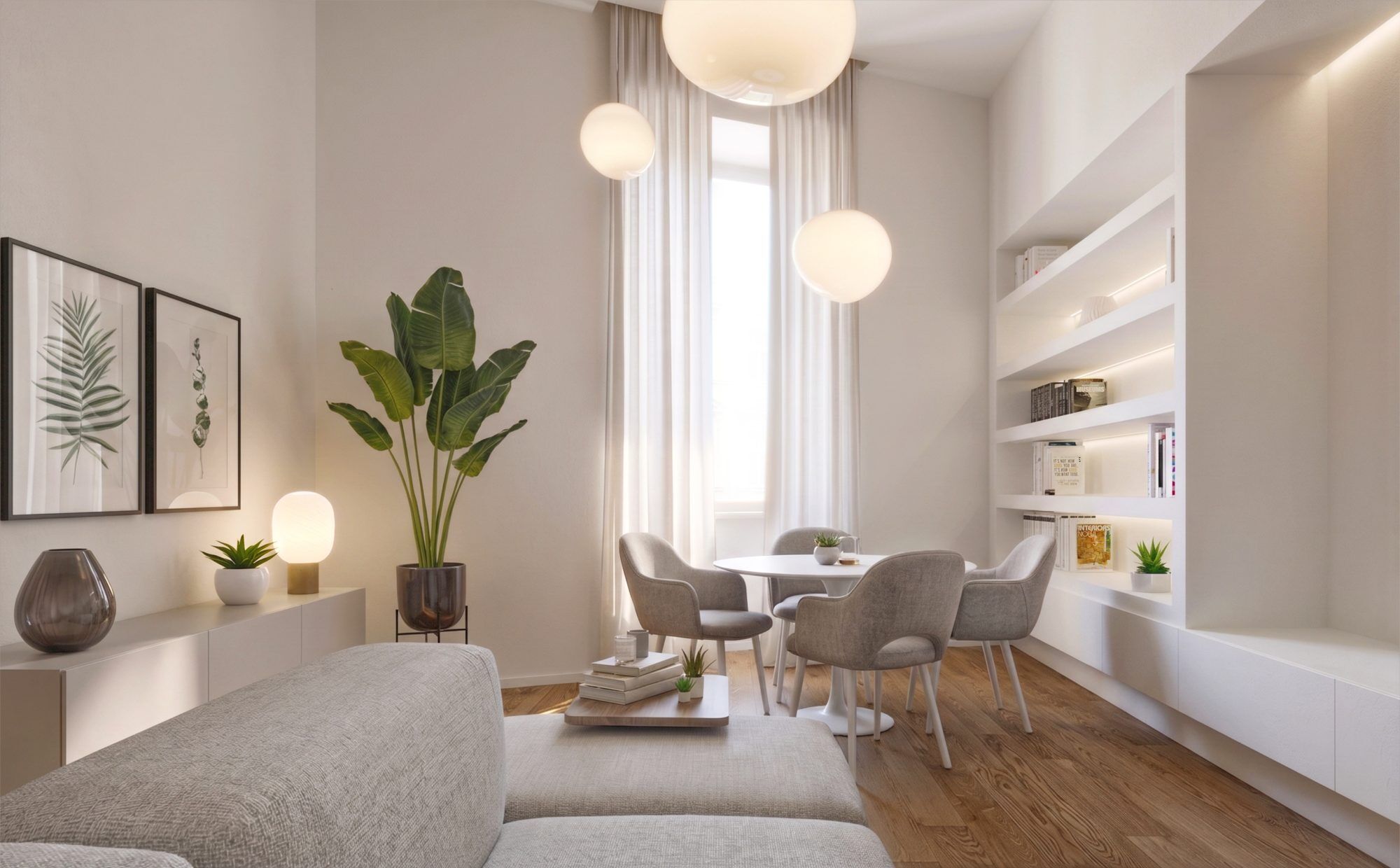 The dining area, with its round table and light-coloured chairs, is situated next to the wall of illuminated plasterboard niches.