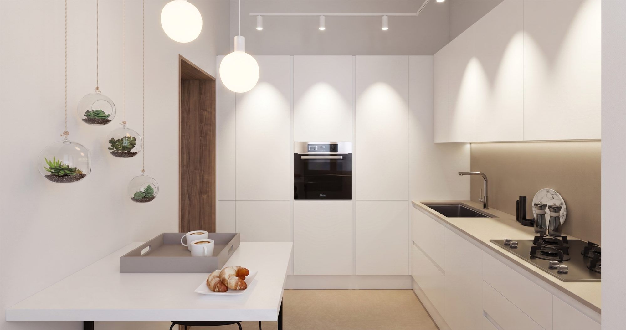 The white L-shaped kitchen with a column oven, taupe-coloured worktop and splashback; glass terrariums above the snack table.