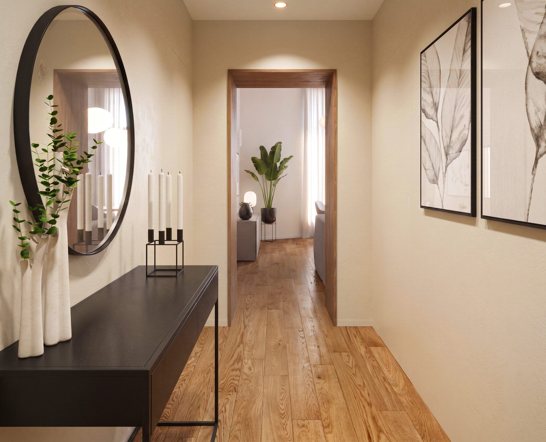 The entrance hall, with its warmer colour scheme, featuring a round mirror and a console table, opens onto the bright living area.