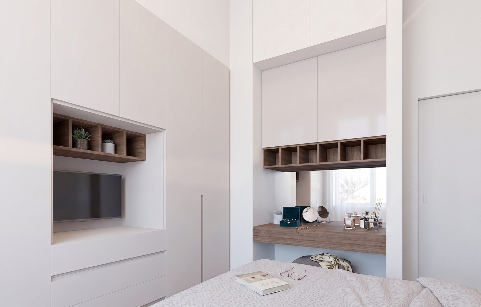 The bespoke wardrobe wall, with a recessed television, timber niches and a vanity unit facing a large mirror.