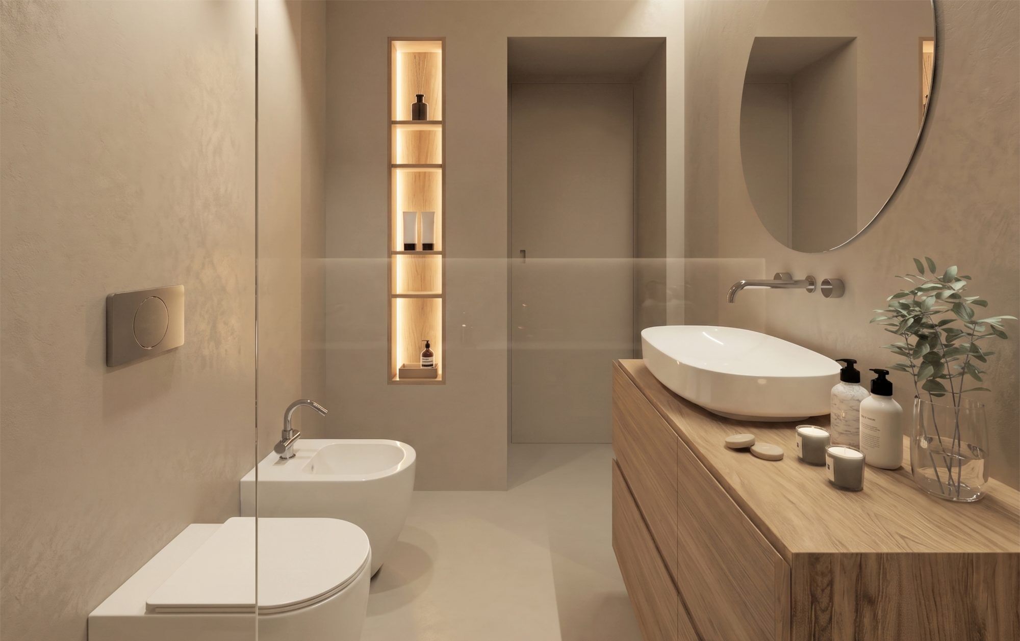 The bathroom, finished in beige resin, features a timber vanity unit, a countertop washbasin and an illuminated niche.
