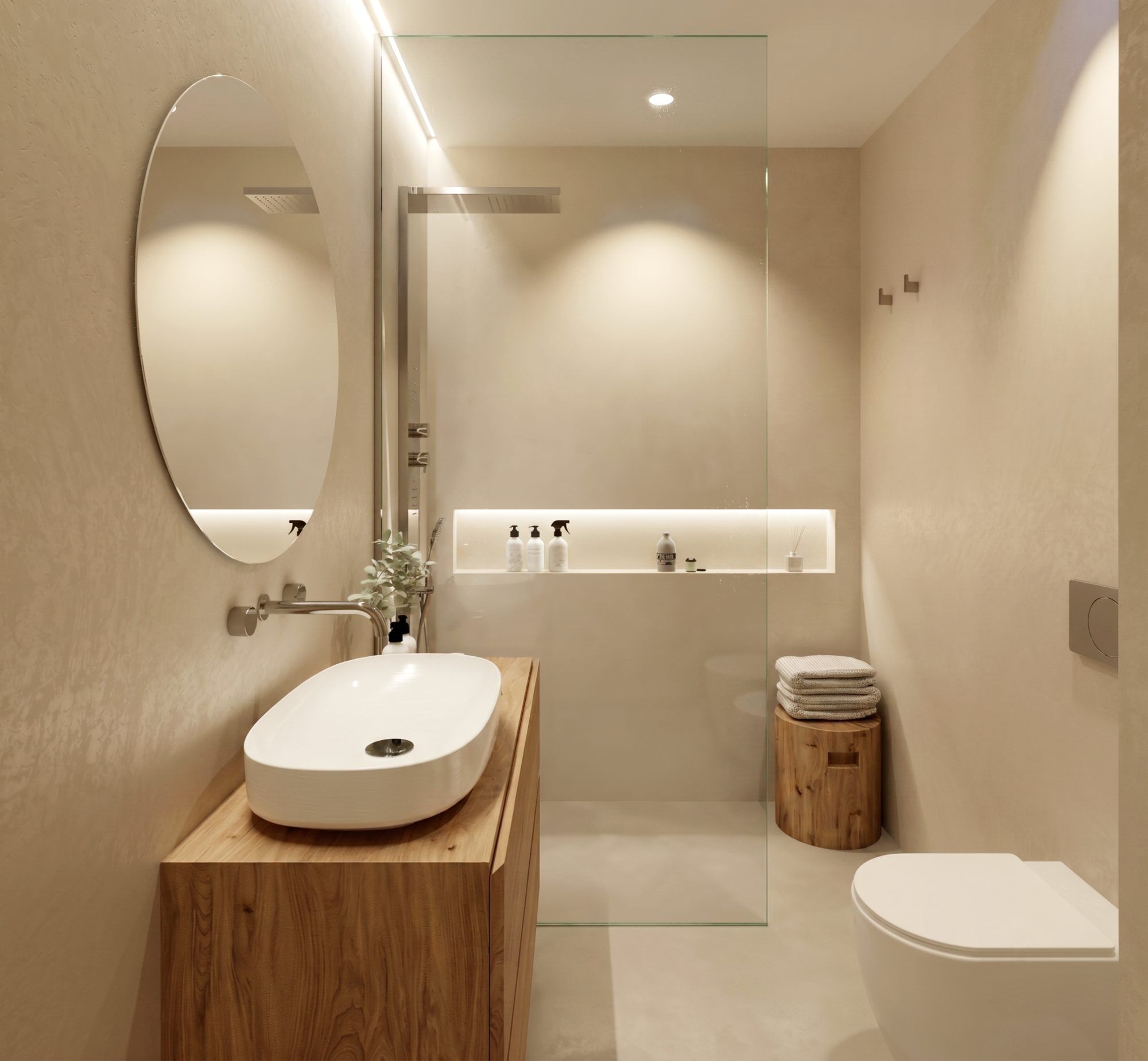 The bathroom with walk-in shower and LED niche; on the left, the timber unit with washbasin and oval mirror.