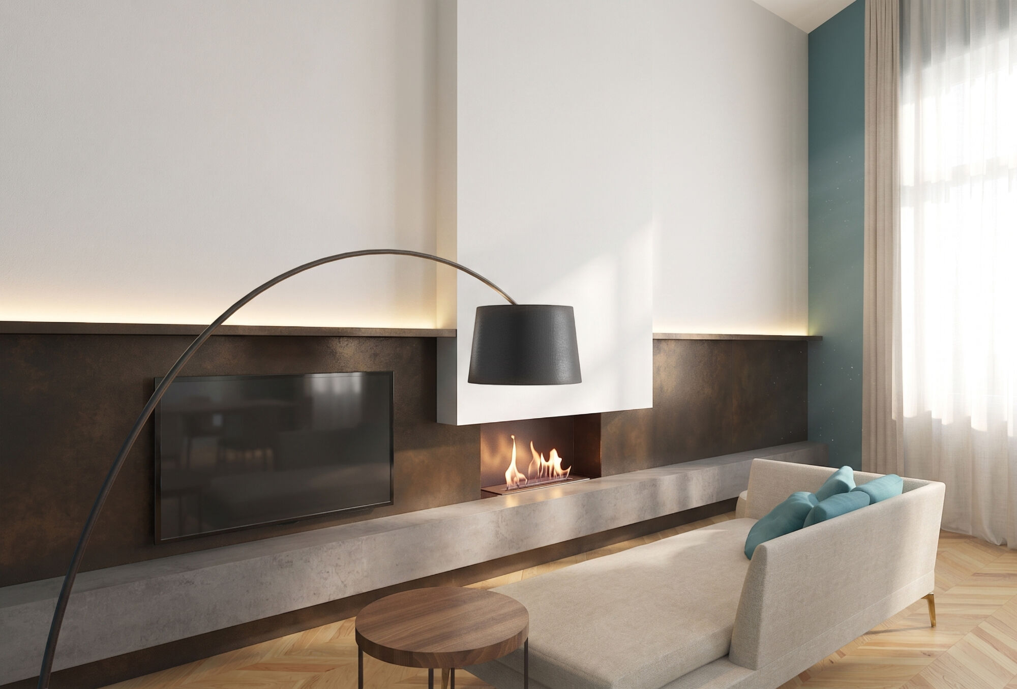 The living room, featuring a bioethanol fireplace built into the wall and a TV set into the microcement surround.