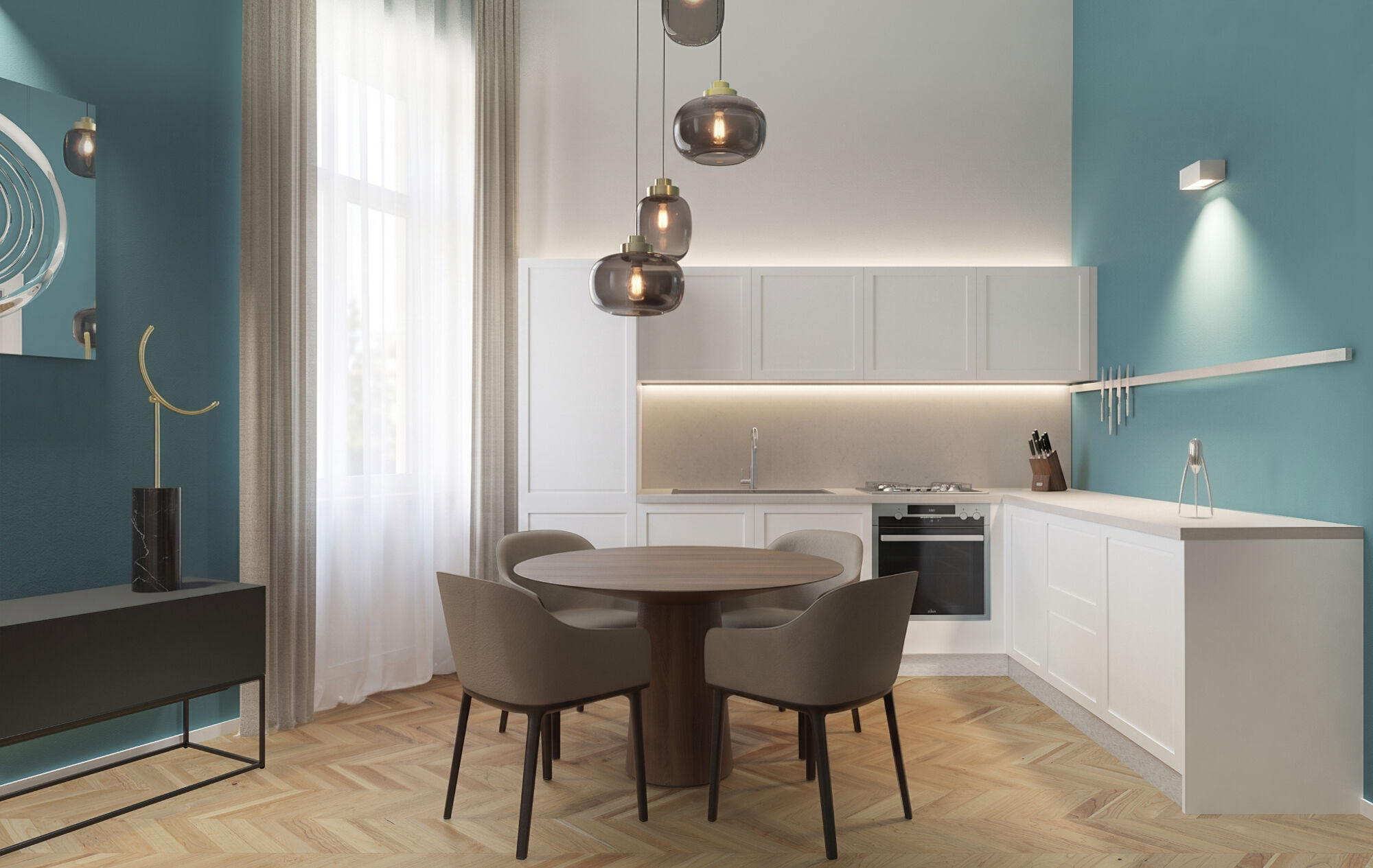 The L-shaped white kitchen and the round dining table, set against teal walls and Hungarian herringbone parquet flooring.