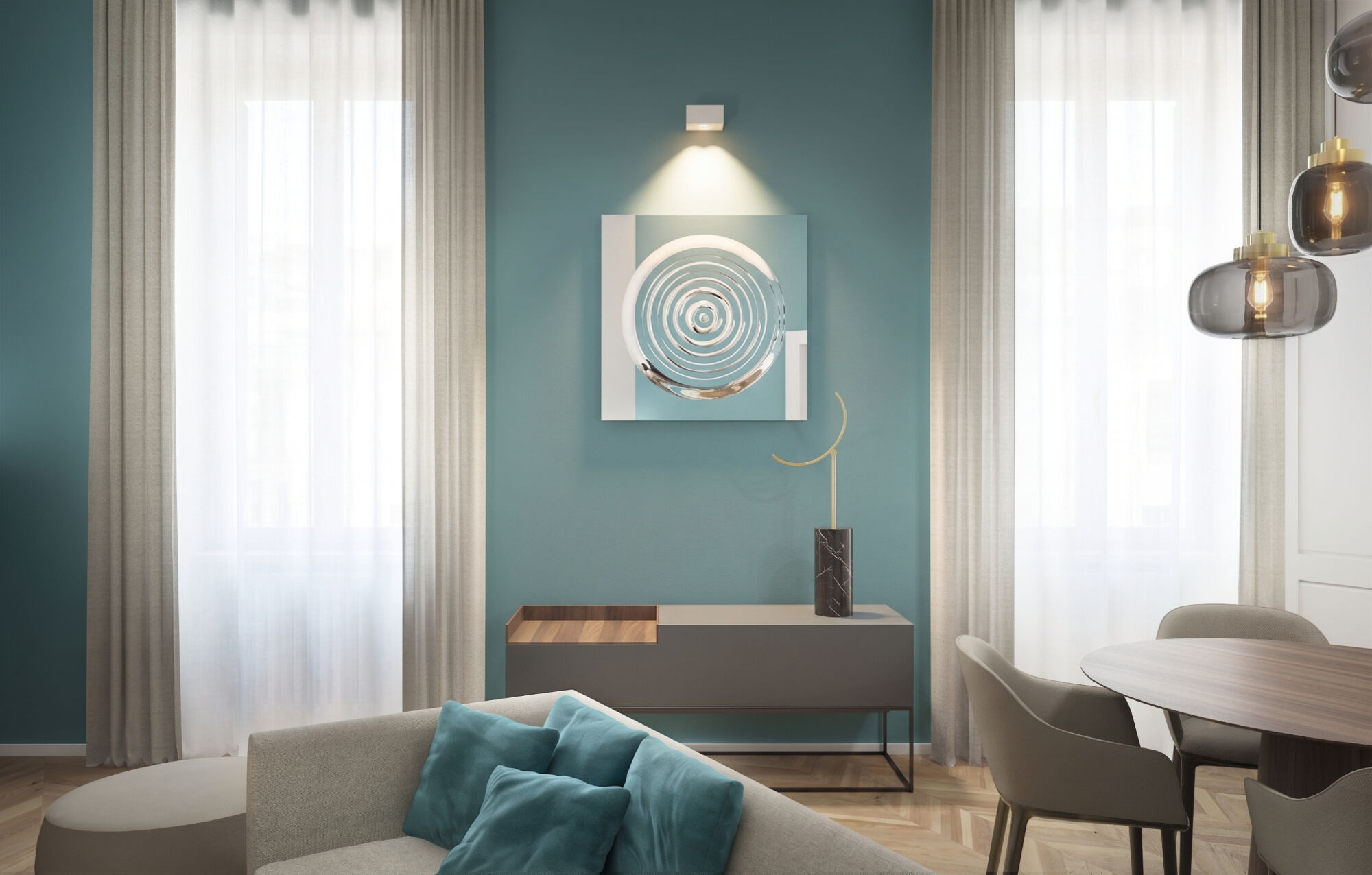 The teal-coloured wall between the two tall windows, featuring a circular artwork and a sideboard, forms the bright centrepiece of the living area.