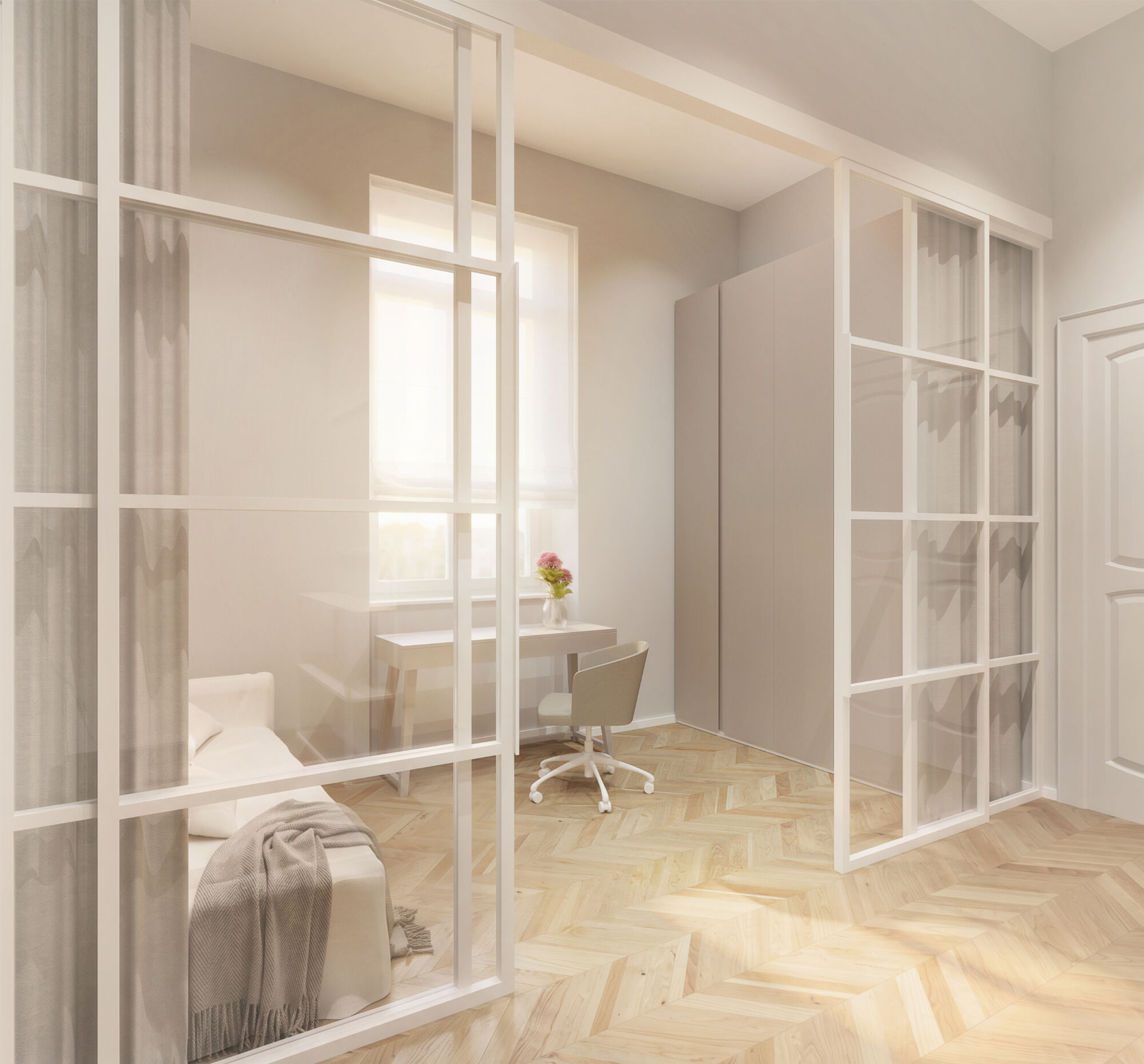 The bedroom-cum-study behind the large glass wall that opens out: it becomes an extra bedroom thanks to the curtains.