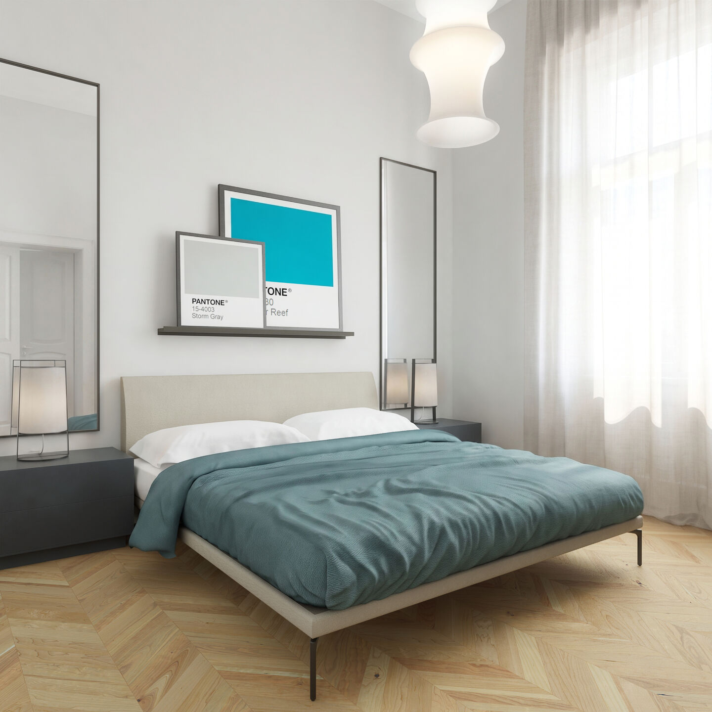 The double bedroom with a teal bedspread, colourful wall hangings and Hungarian herringbone parquet flooring.