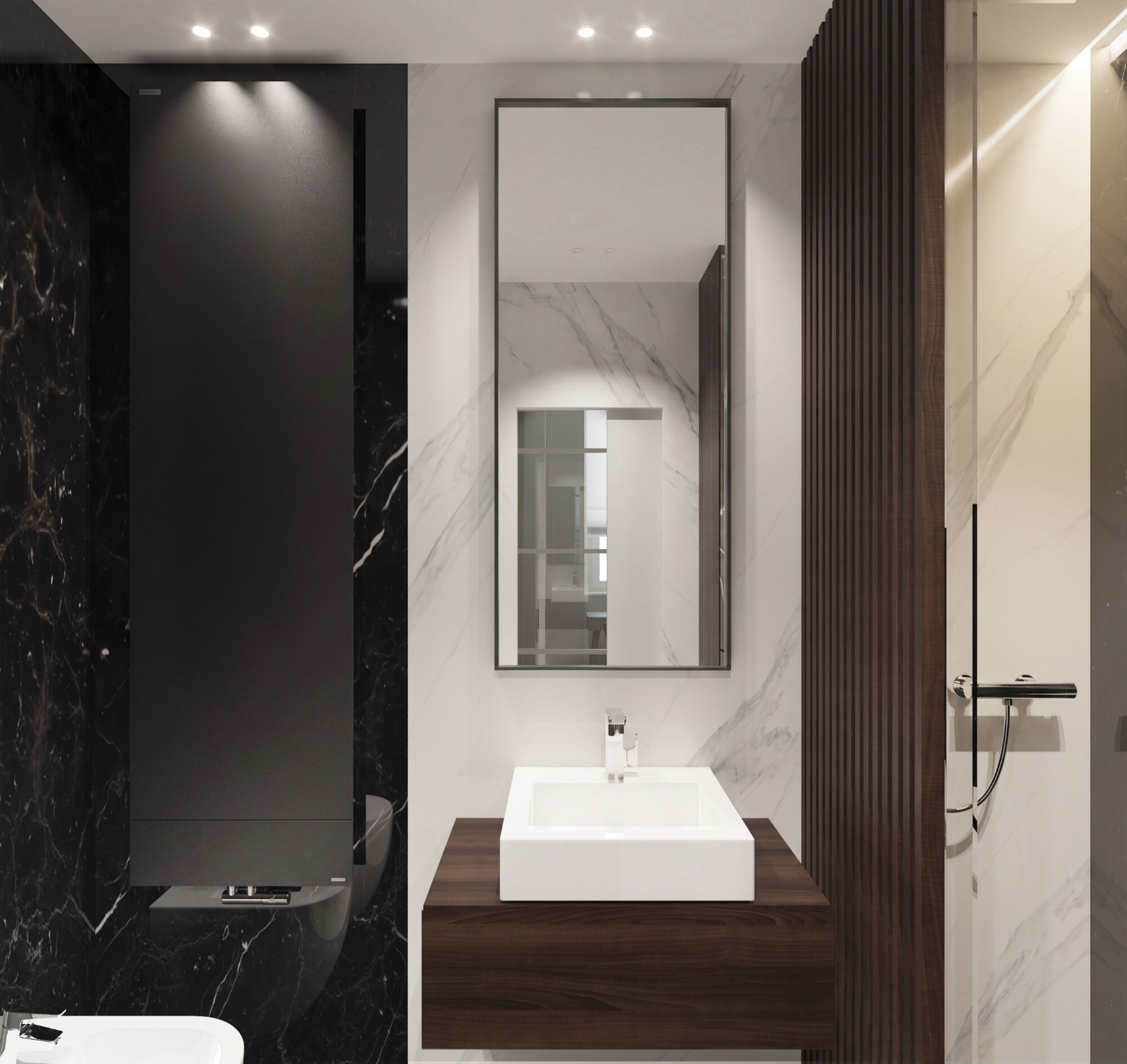 The black-and-white marble bathroom, with a countertop washbasin set on a walnut shelf and a vertical mirror.