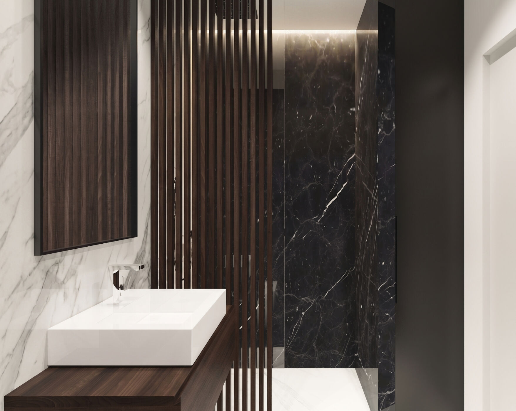 The shower area, with its veined black marble wall and a screen made of walnut slats that filters the light.