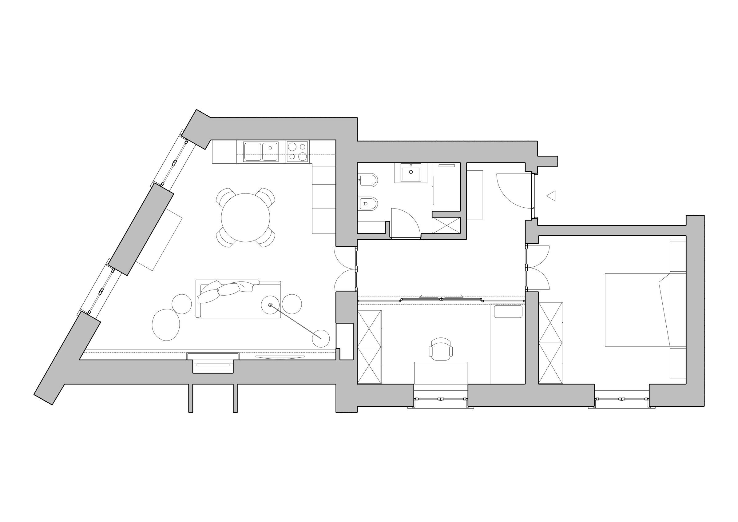 The project layout: open-plan rooms, the bathroom relocated to the blind corner, and a flexible study with a glass wall.