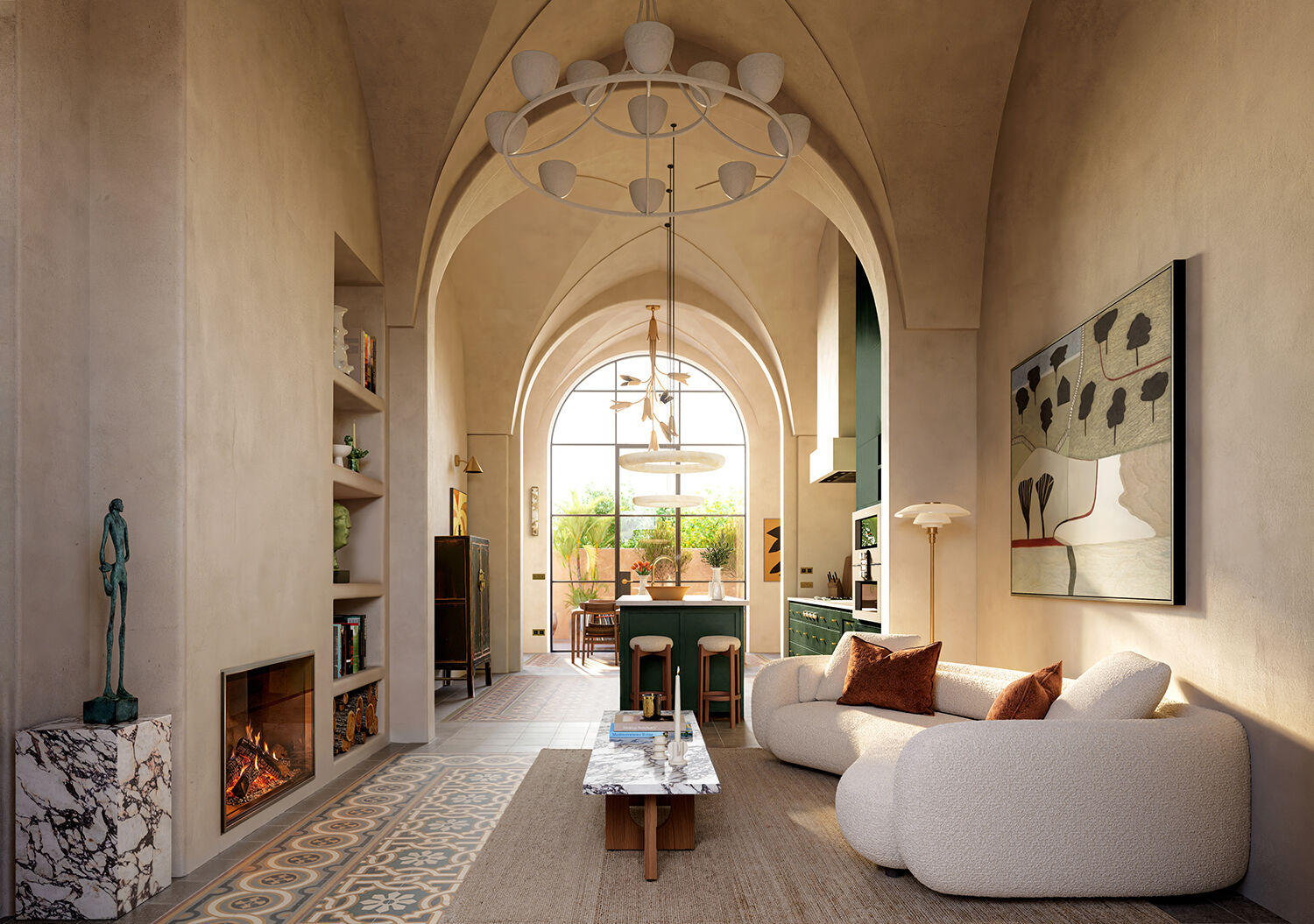 Vaulted living room opening toward the garden
