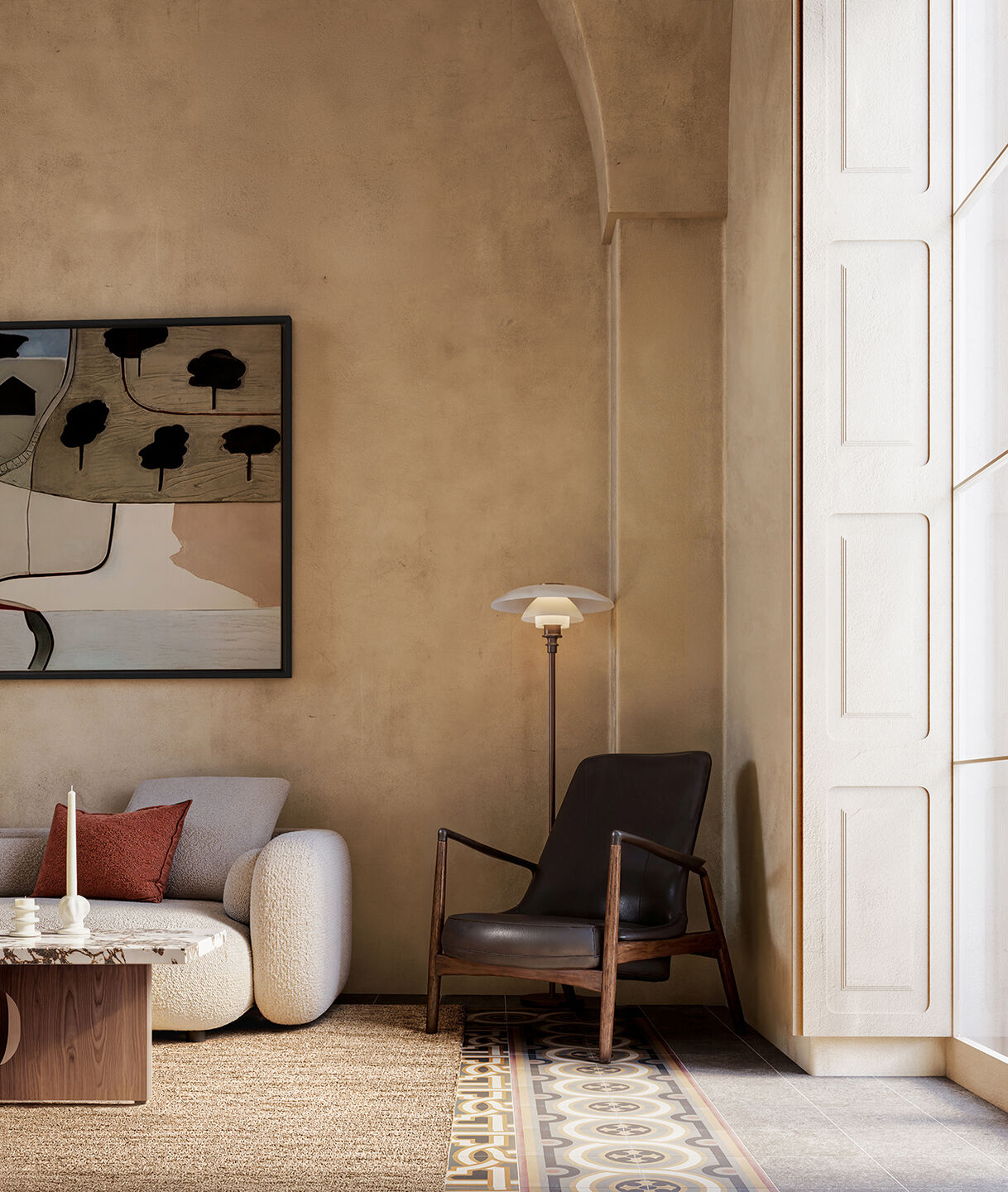 Warm-toned living area with curated artwork