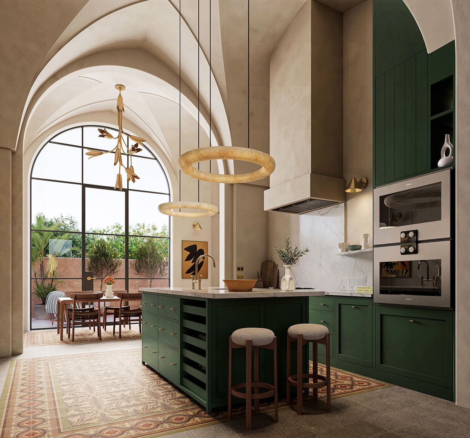 Bespoke green kitchen beneath restored vaulted ceiling