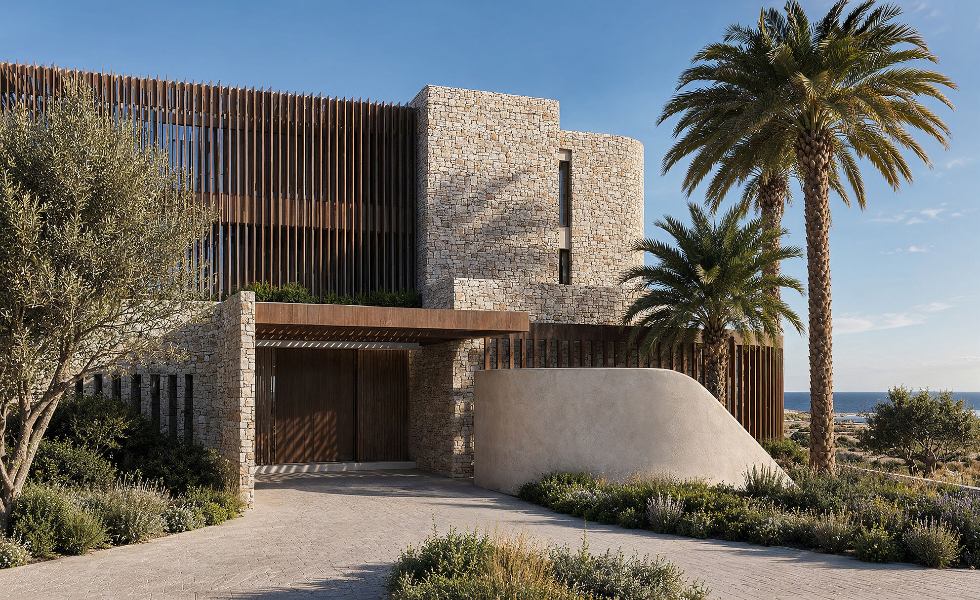 Main entrance framed by stone, timber screening and Mediterranean planting.