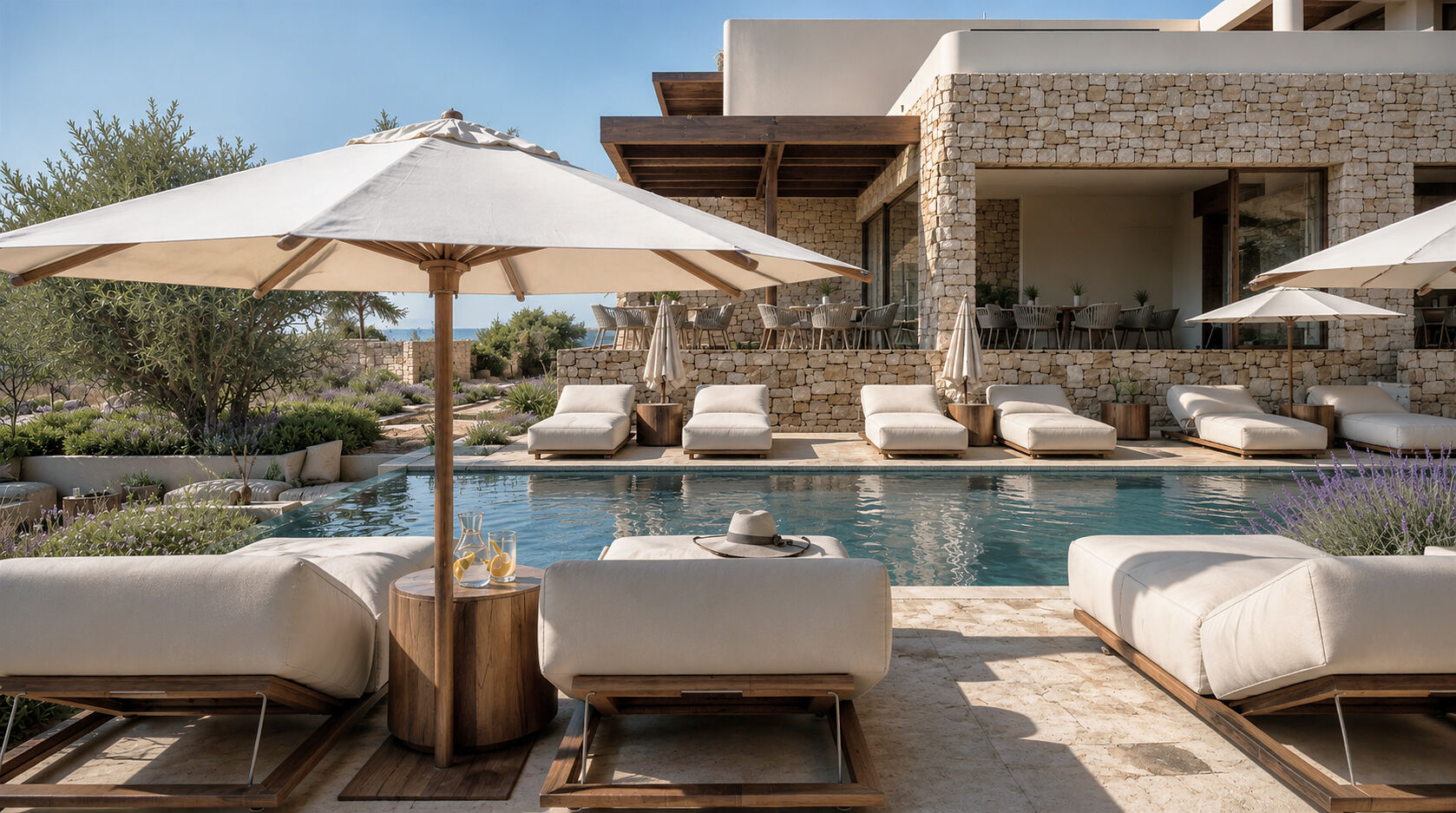 Poolside lounge area connected to the shared hospitality spaces.