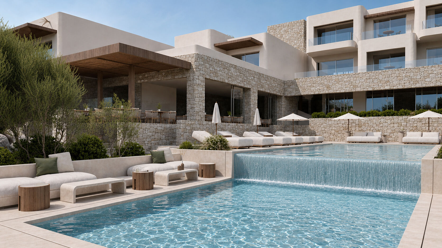 Stepped pool terraces integrated into the resort’s common areas.