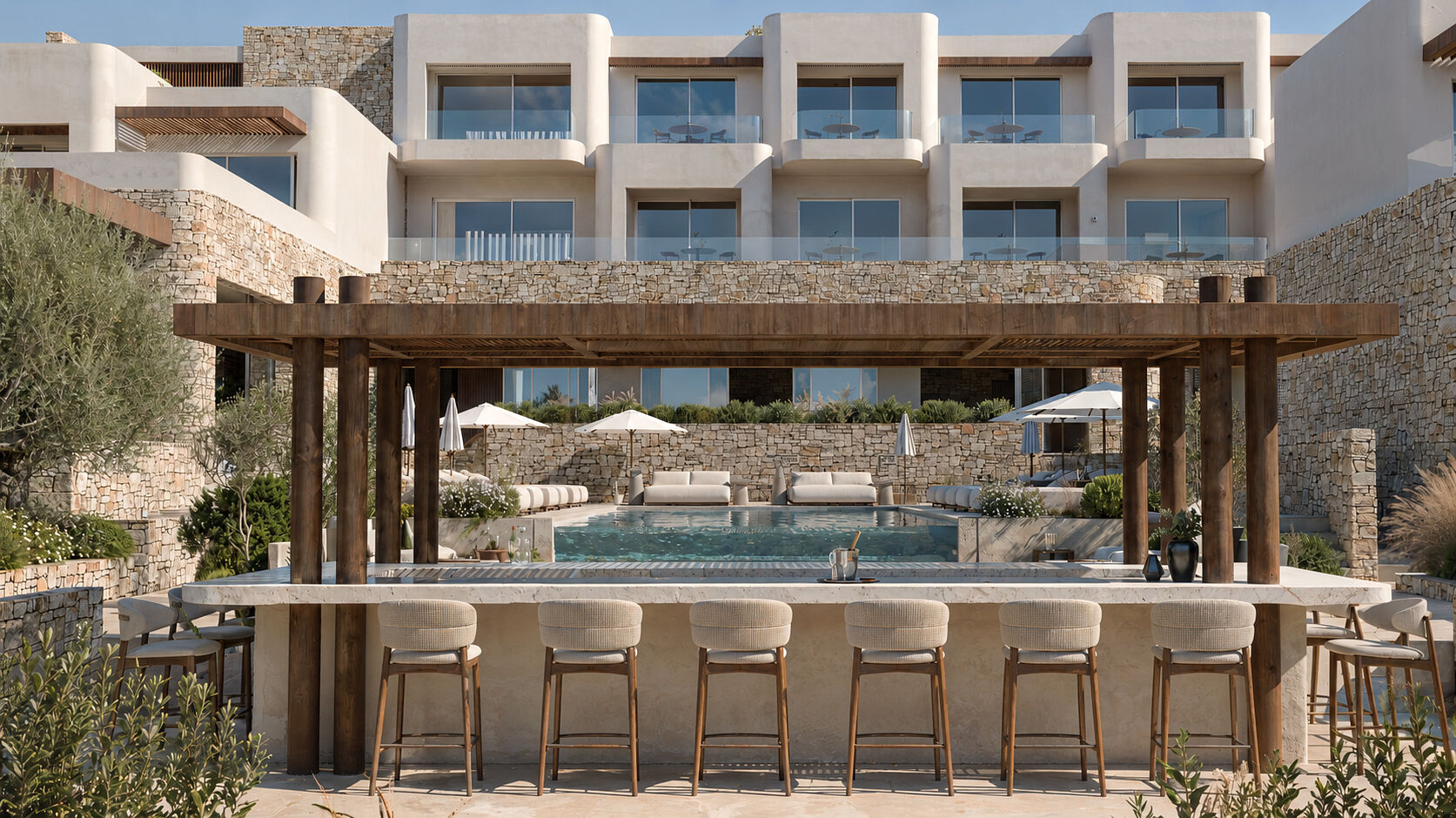 Pool bar framed by timber elements and the surrounding guestroom volumes.