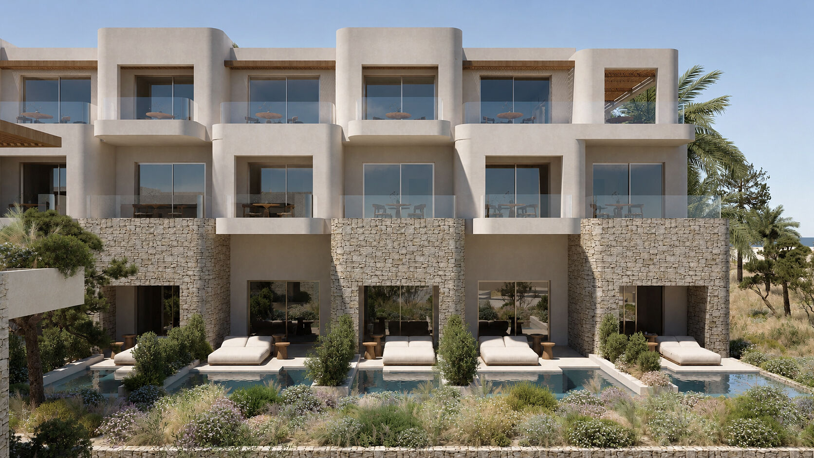 Guestroom façades with private pools and landscaped terraces