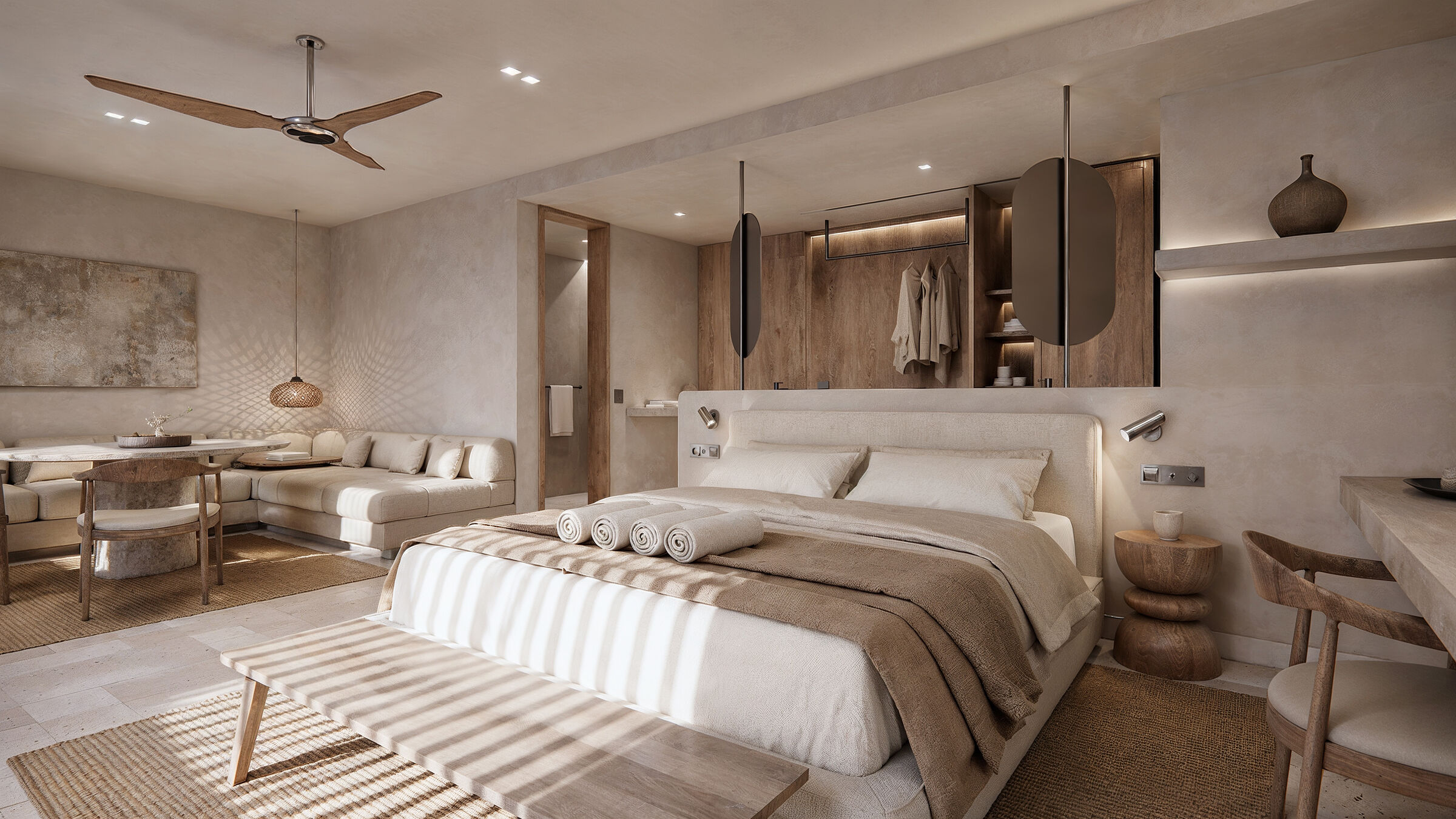 Guestroom interior defined by natural materials and a warm, neutral palette.