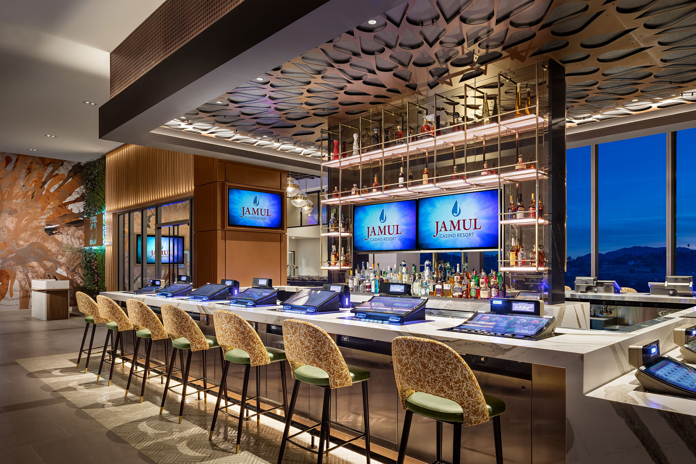 M33-5 in Plated Antique Copper finish as a ceiling cladding feature above a bar at Jamul Casino