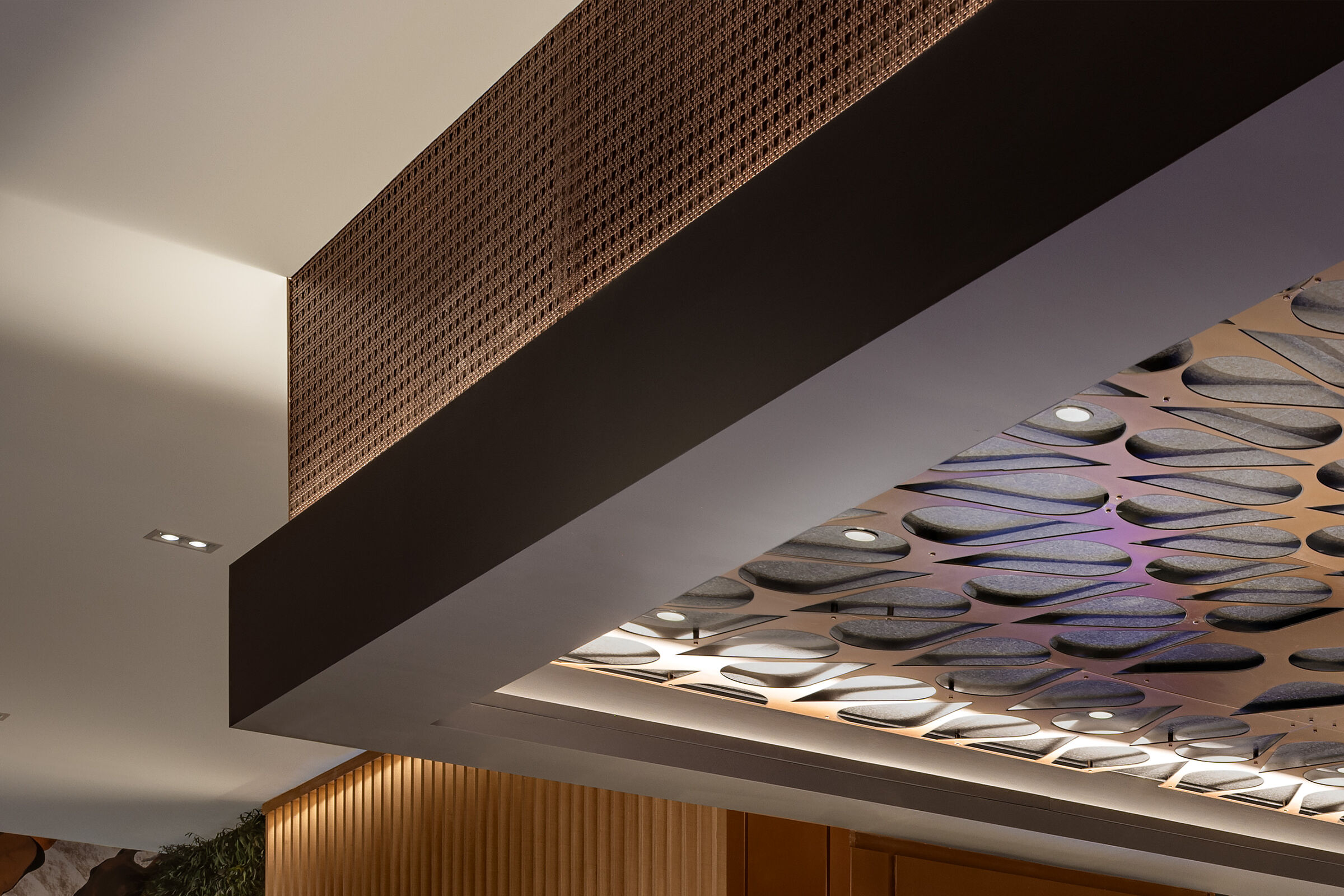 M33-5 in Plated Antique Copper finish as a ceiling cladding feature above a bar at Jamul Casino