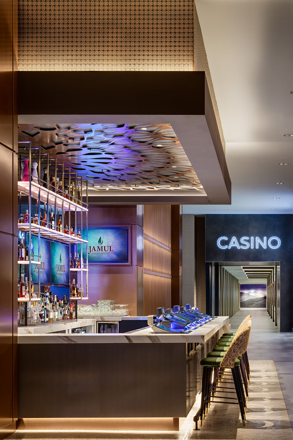 M33-5 in Plated Antique Copper finish as a ceiling cladding feature above a bar at Jamul Casino