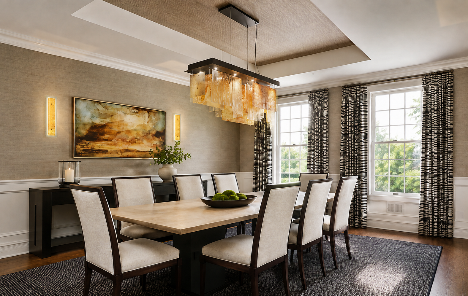 Layered art glass in warm amber tones brings depth and material richness to the dining space, with scale, glass arrangement and finishes adaptable to the project.