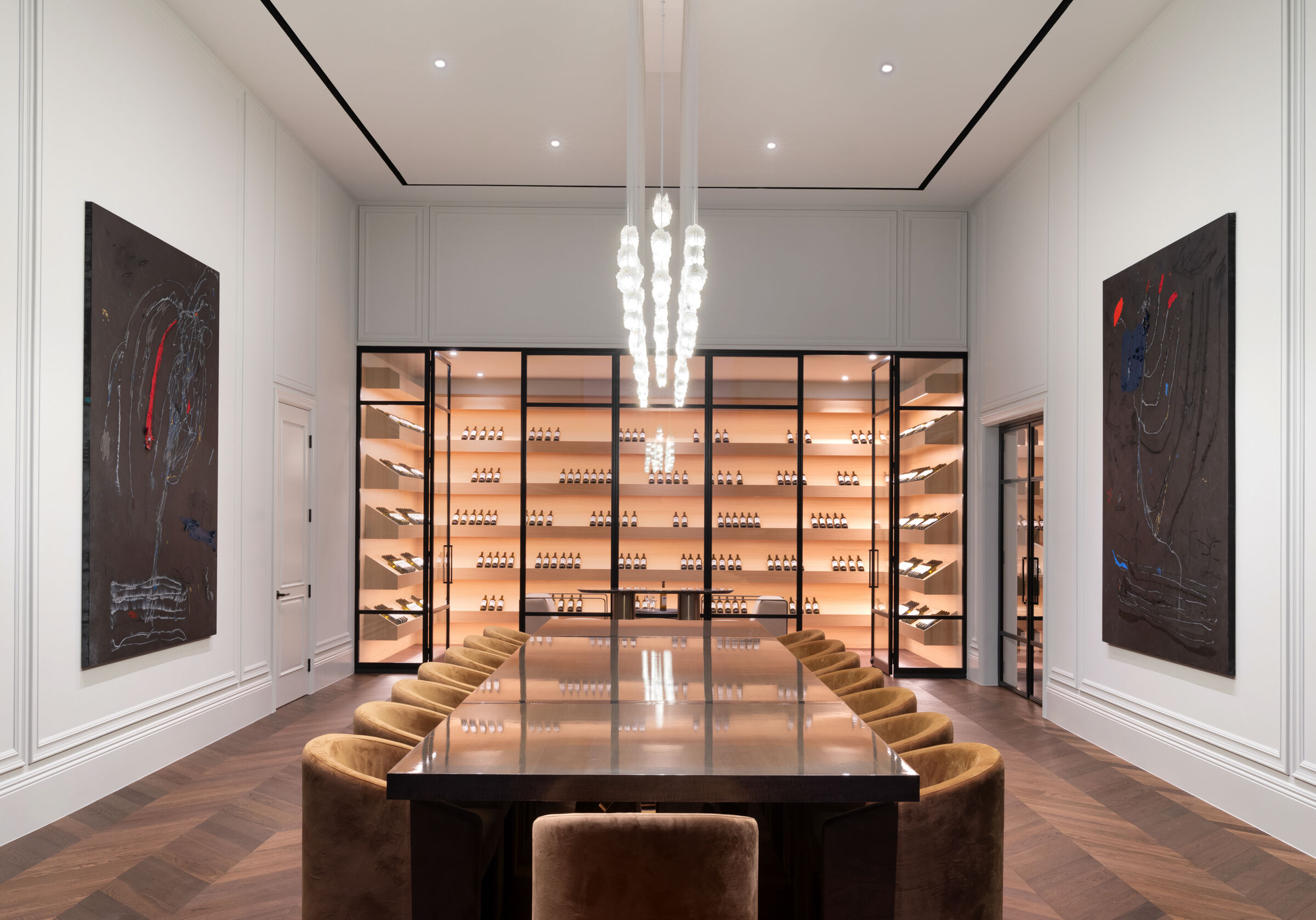 Snowflakes brings a quieter sculptural presence to the intimate wine room.