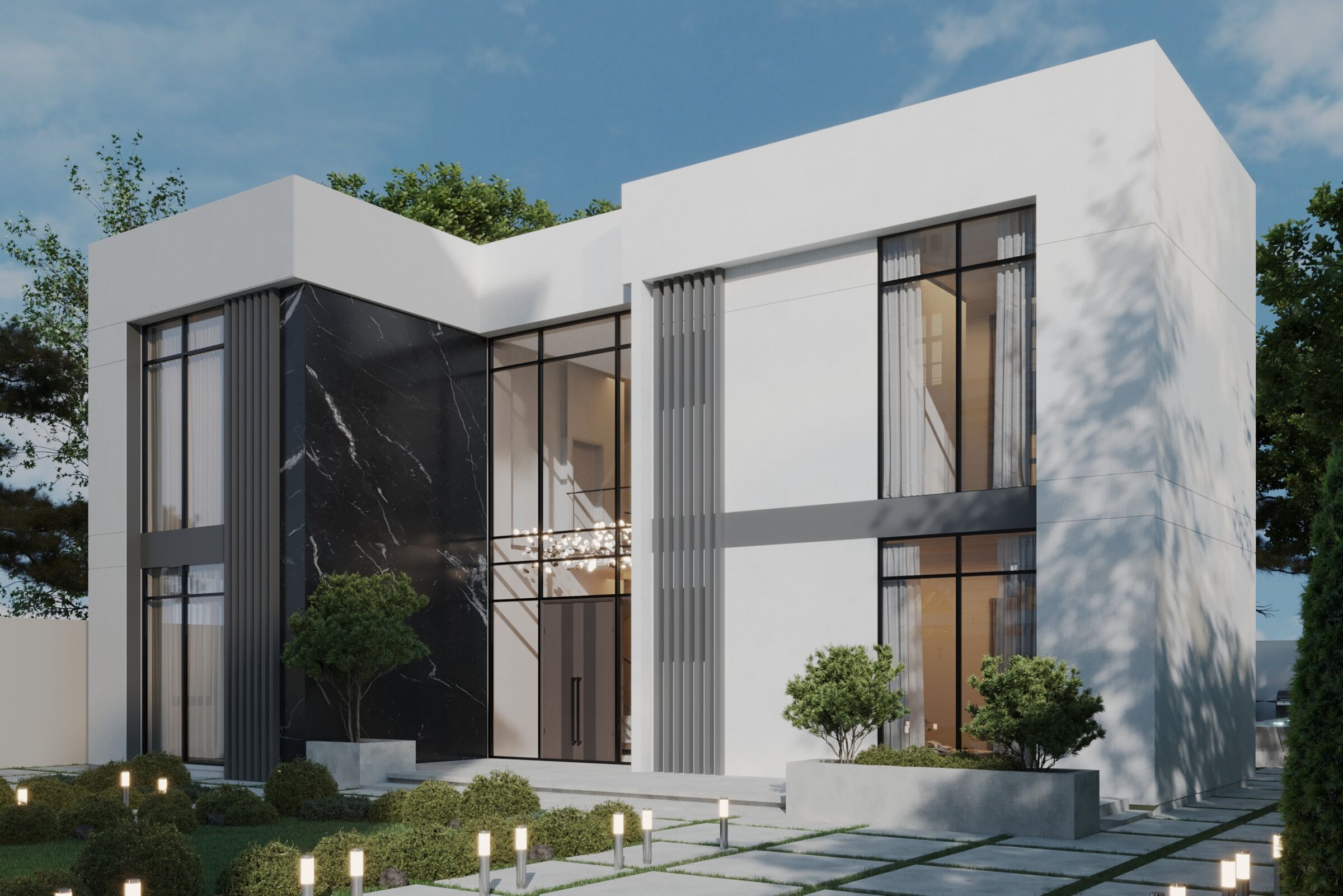 Front facade of Courtyard Pool Villa, a contemporary Dubai residence organized around a central pool courtyard.