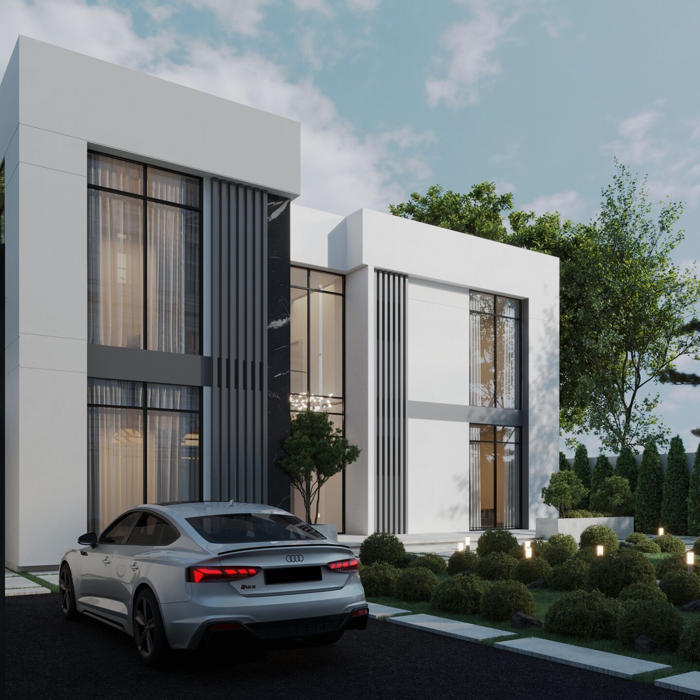 Oblique front elevation illustrating the villa's clean volumes and full-height glazing.
