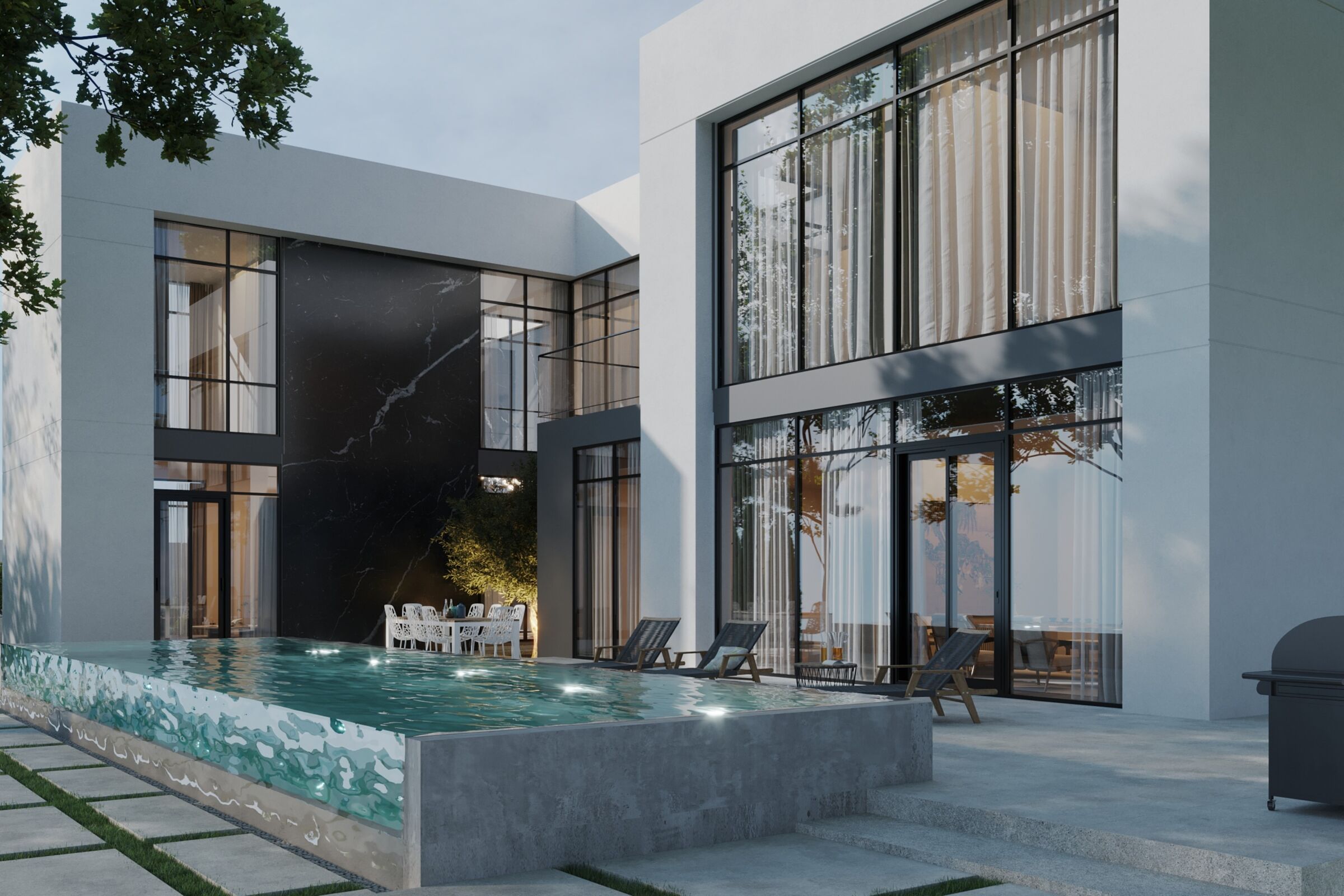 Rear courtyard and swimming-pool elevation with indoor-outdoor living spaces.