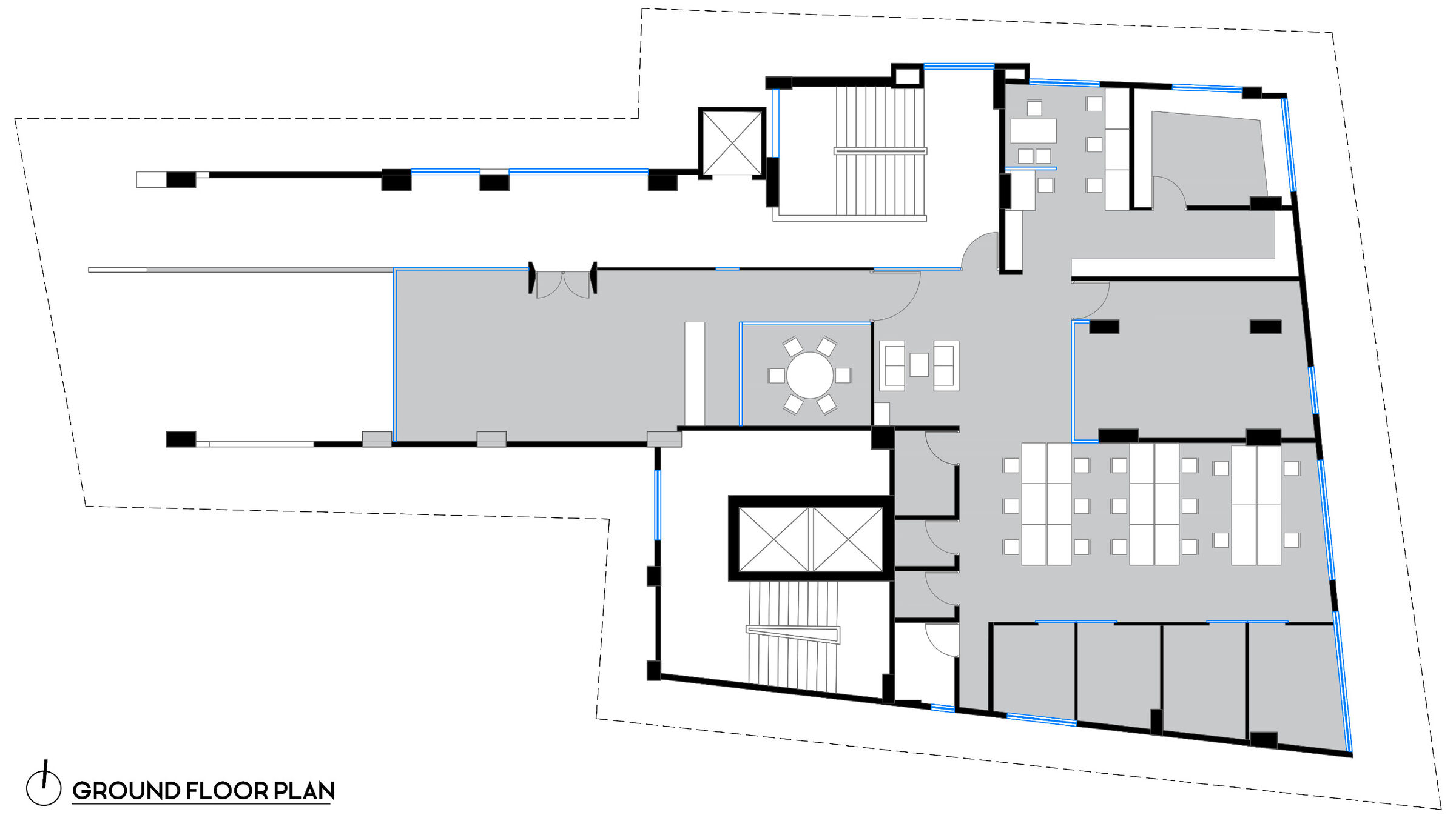 Ground floor plan: reception, meeting room, work bays and clear circulation