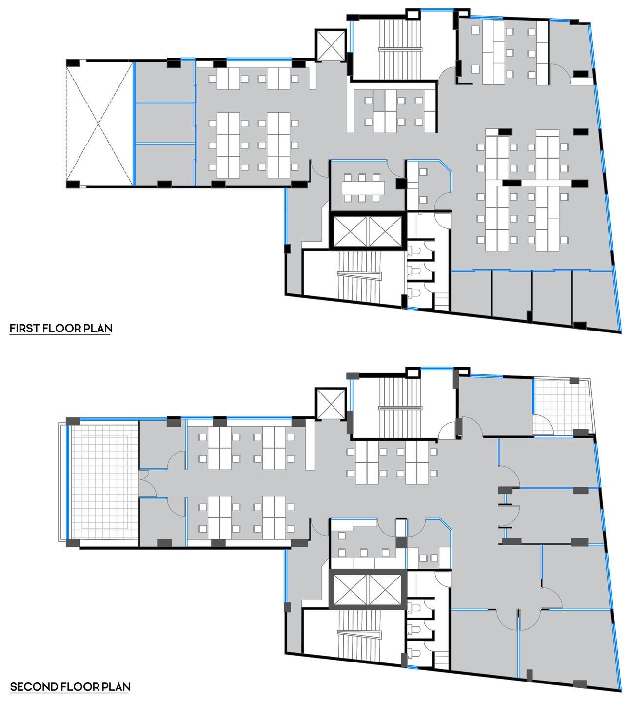 First and second floor plans: flexible team bays, meeting rooms and vertical links