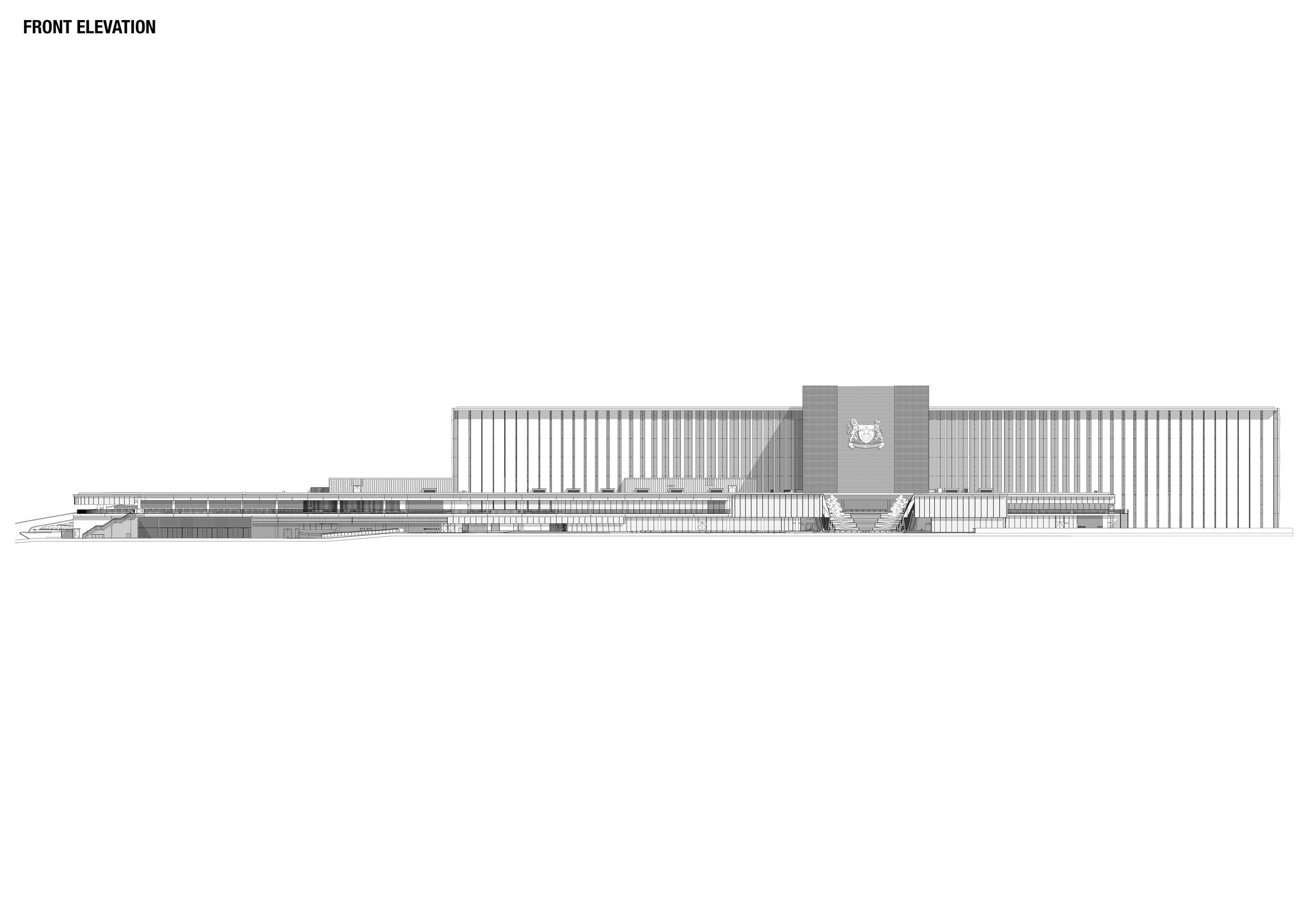 Front Elevation:   Concrete fins and deep eaves mediate climate while revealing activity within.
