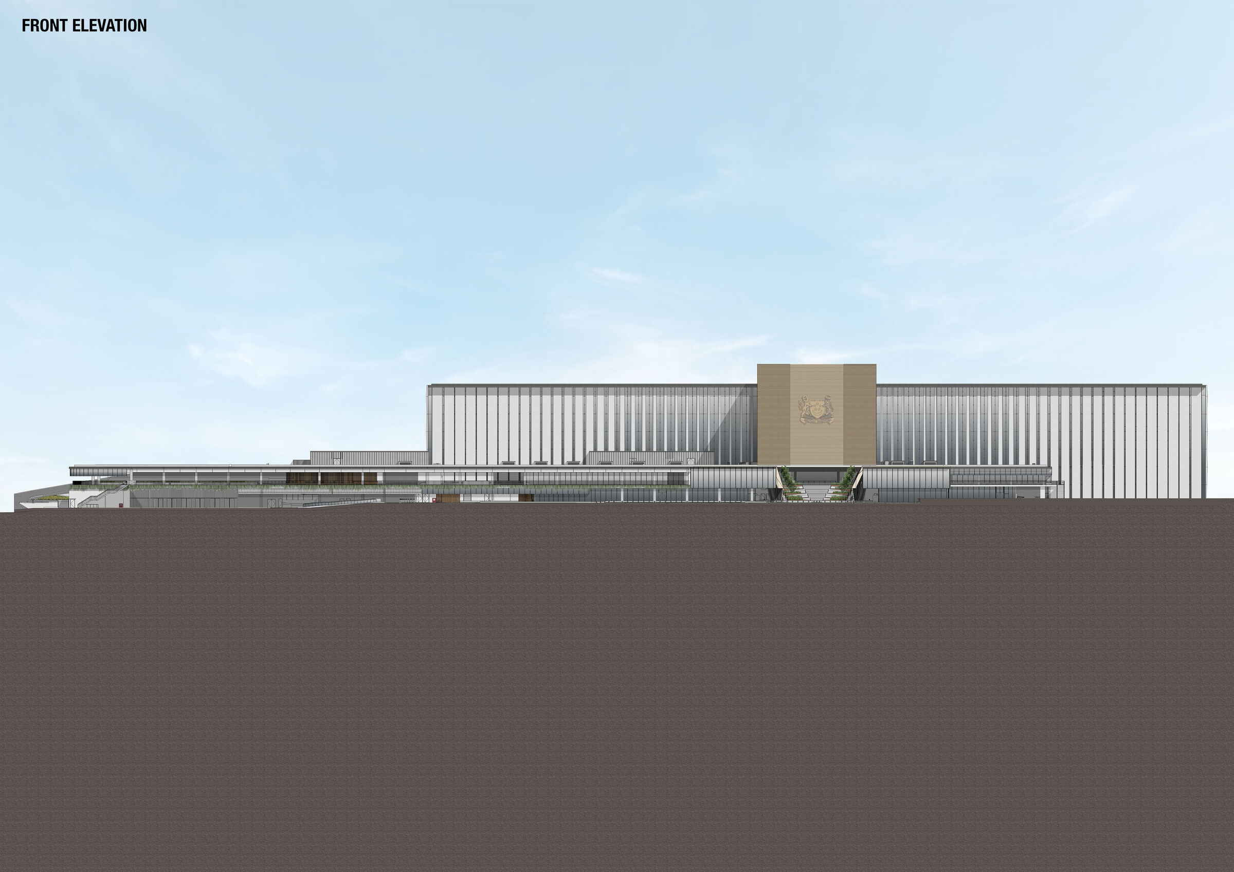 Front Elevation (Colour):   Concrete fins and deep eaves mediate climate while revealing activity within.