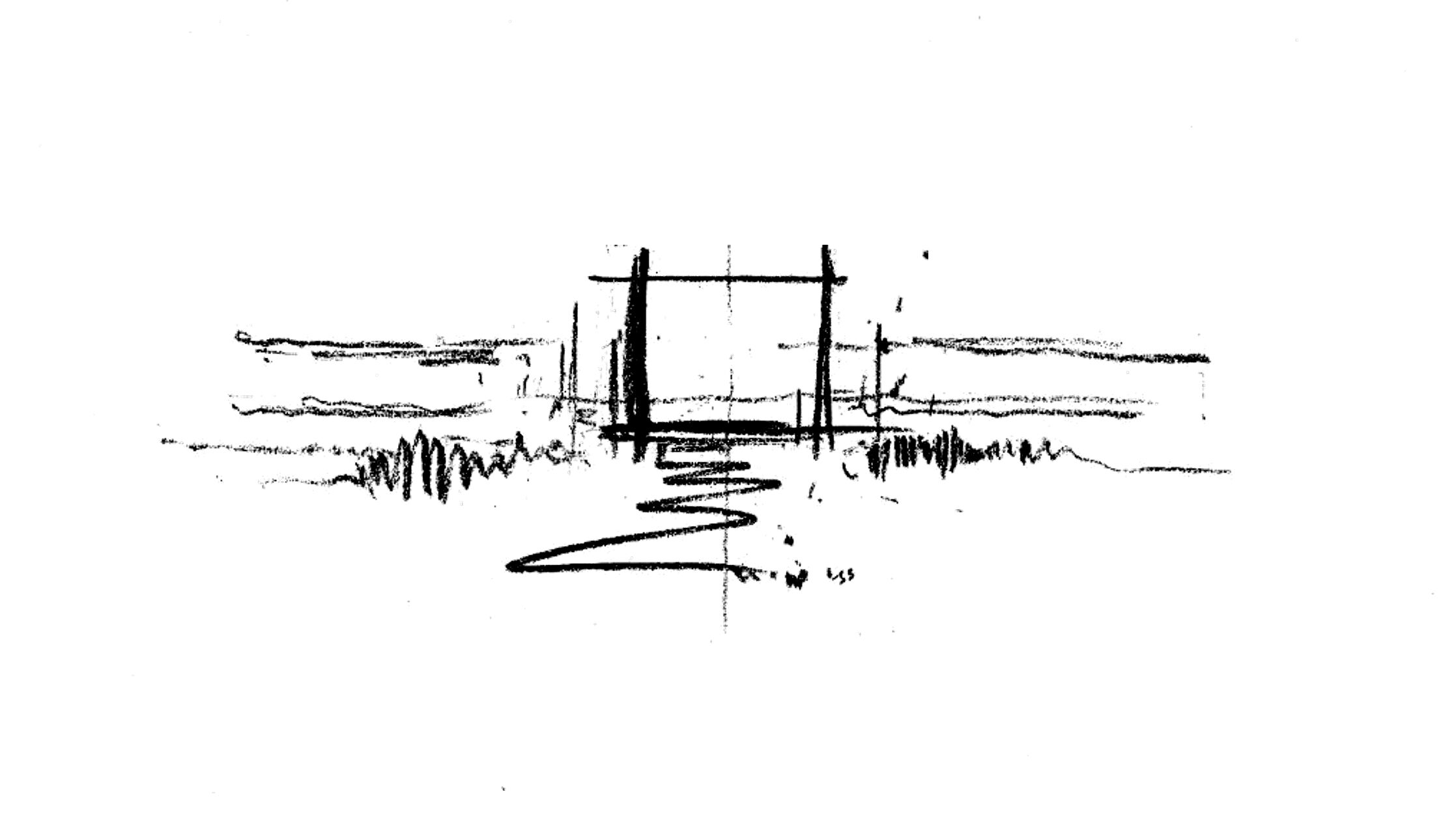 Concept Sketch depicting a central civic axis leading into a stoic yet porous building.