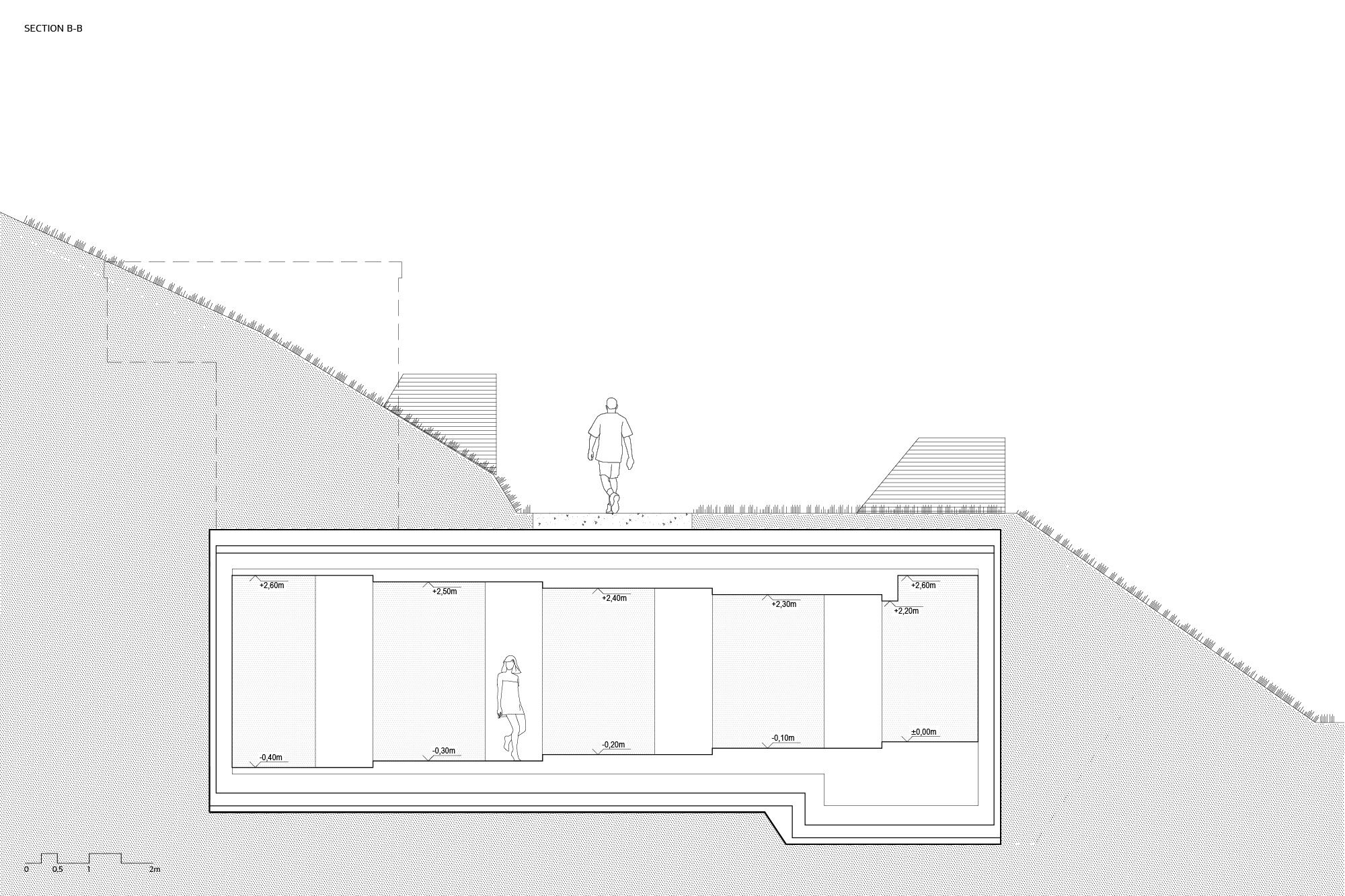 Section through the stepped corridor