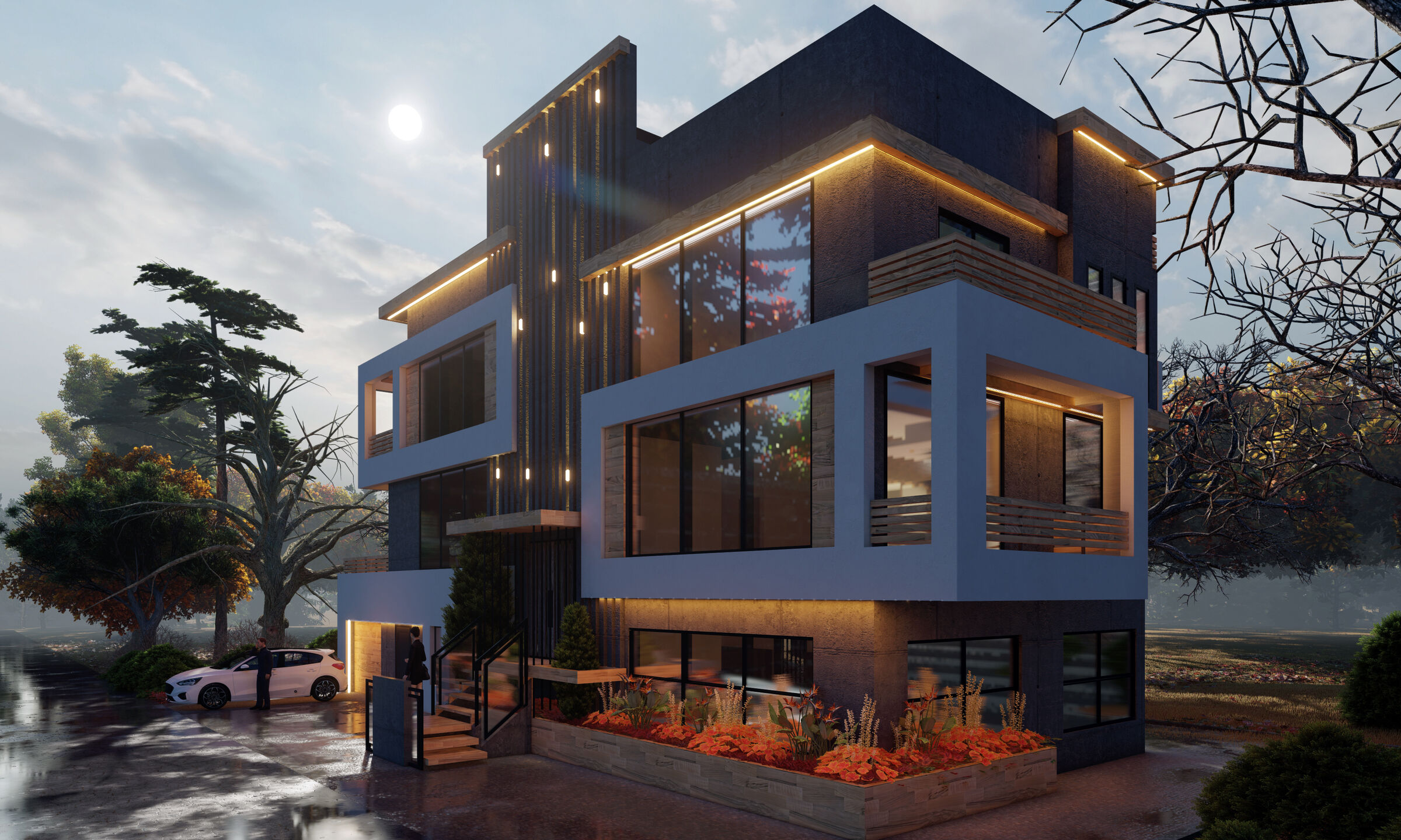 Front façade – evening perspective