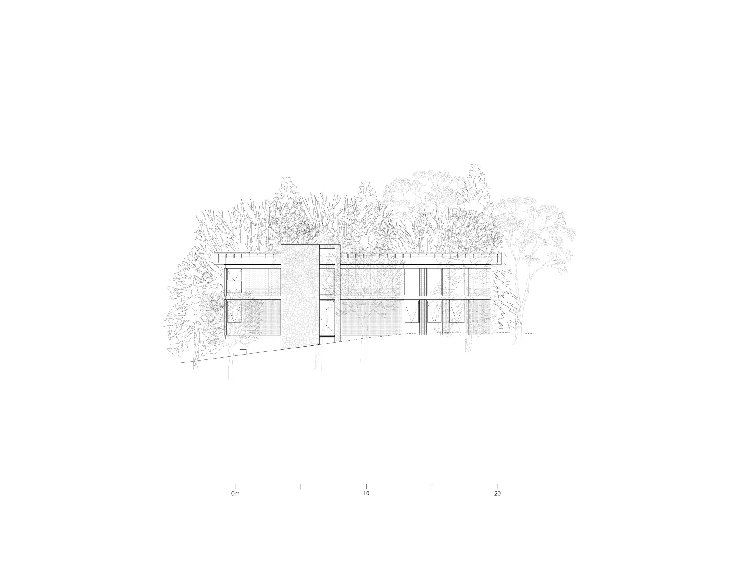 The south façade showcases the main entrance, offering a clear view of the project’s architectural character.