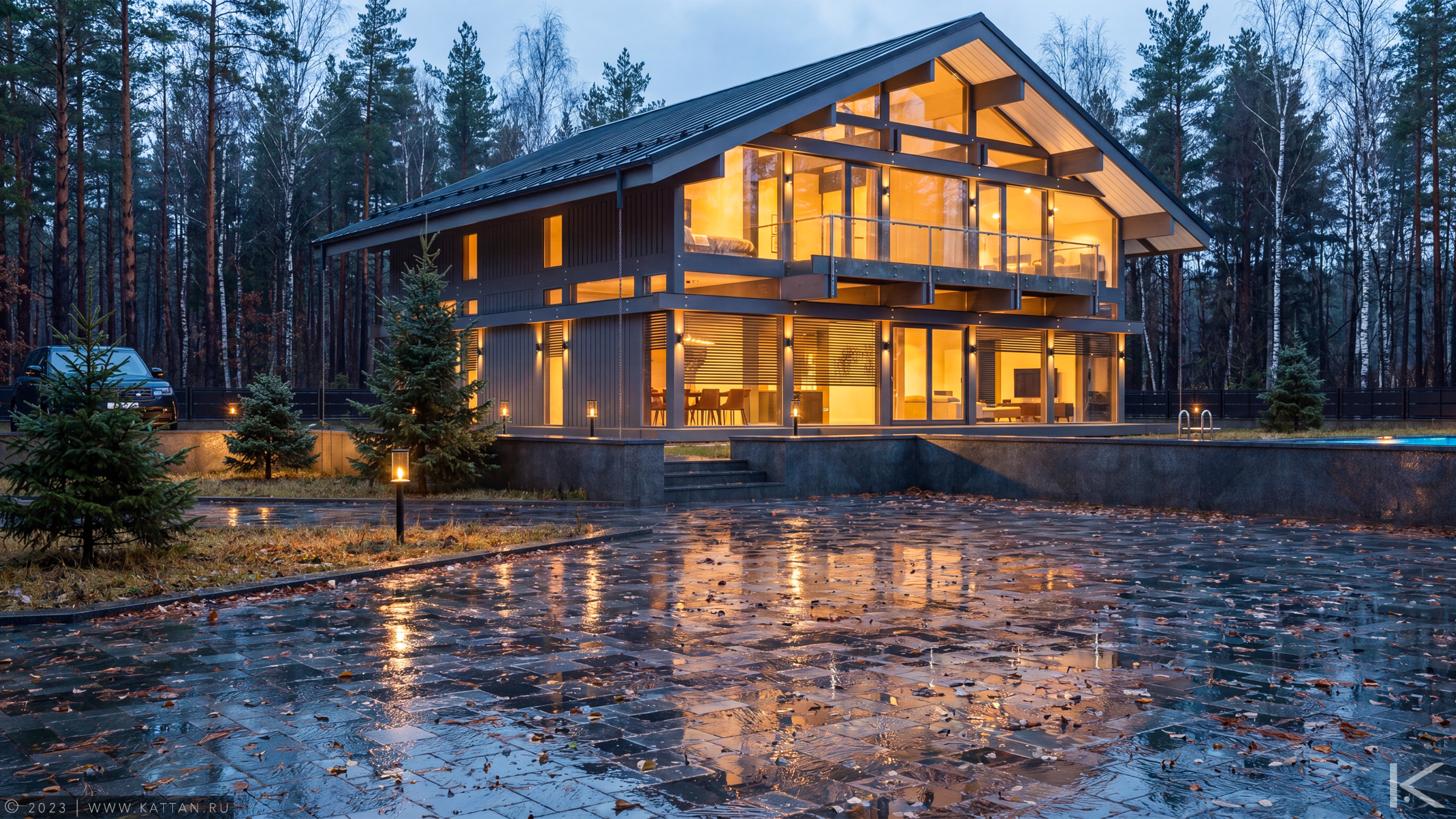 Graphite Residence — Fachwerk façade and panoramic glazing at dusk.